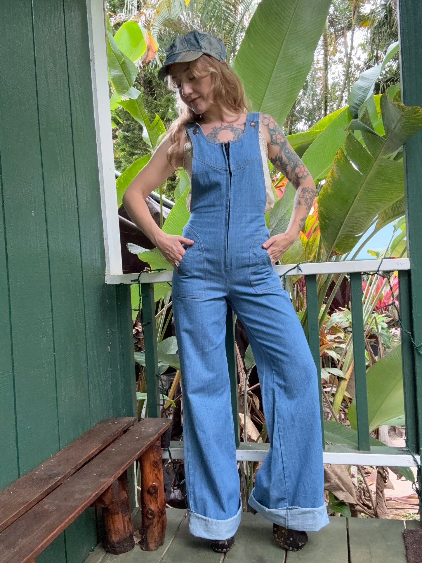 1970s Low Back Wide Leg Denim Jumpsuit by NLF  26x35 small Long
