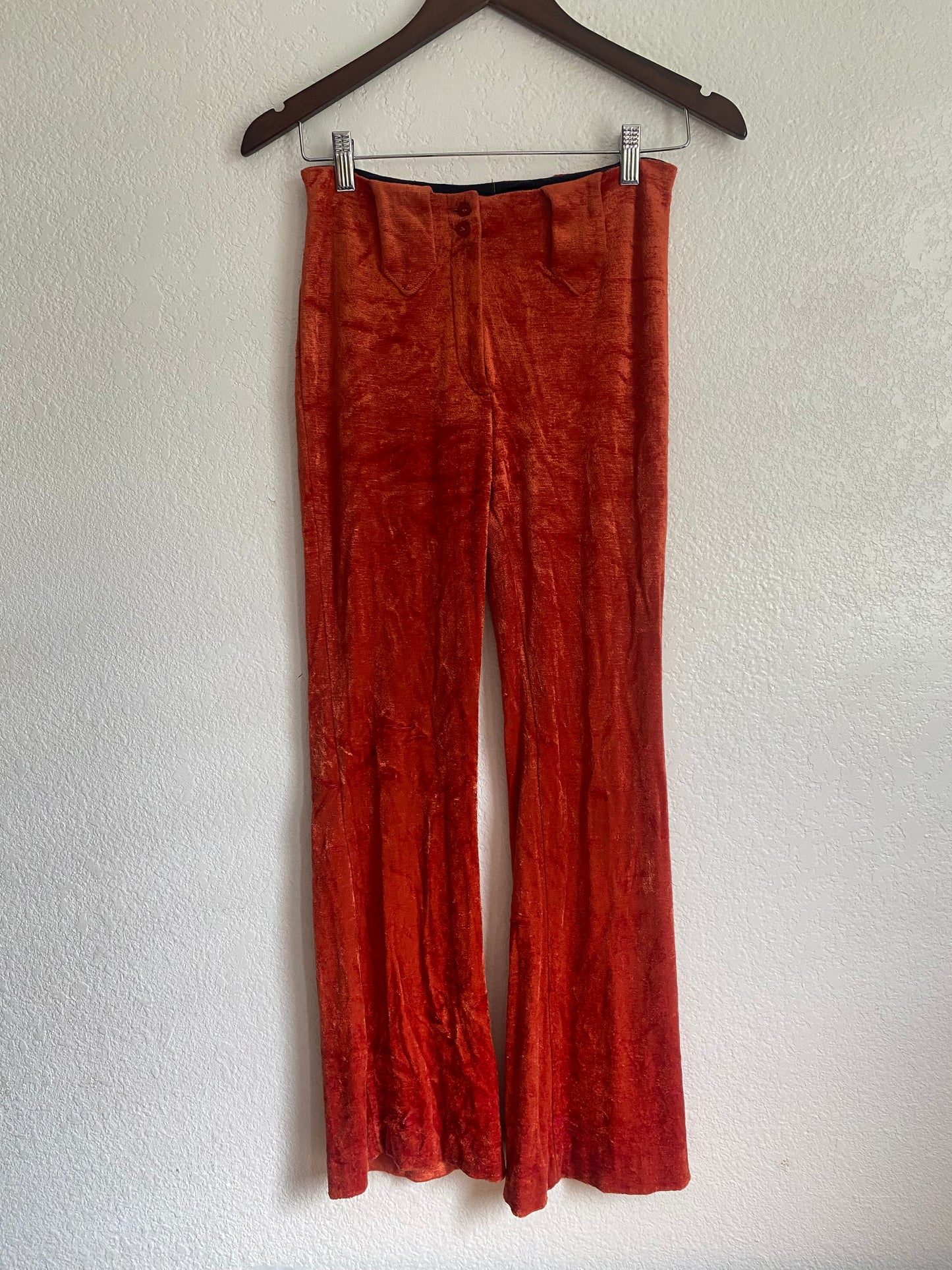 1970s mid rise burnt orange velvet western bell bottom pants 28x31