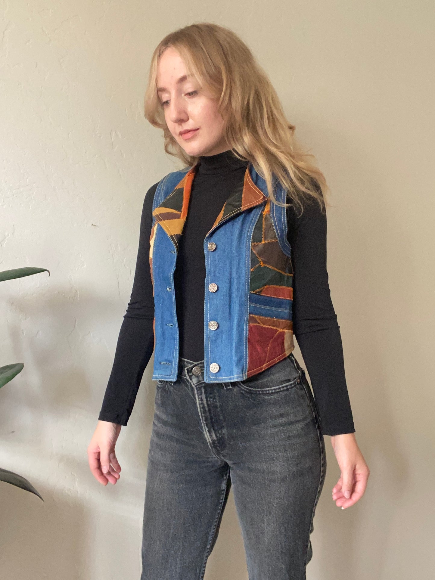 1970s Aura Patchwork Leather and Denim vest