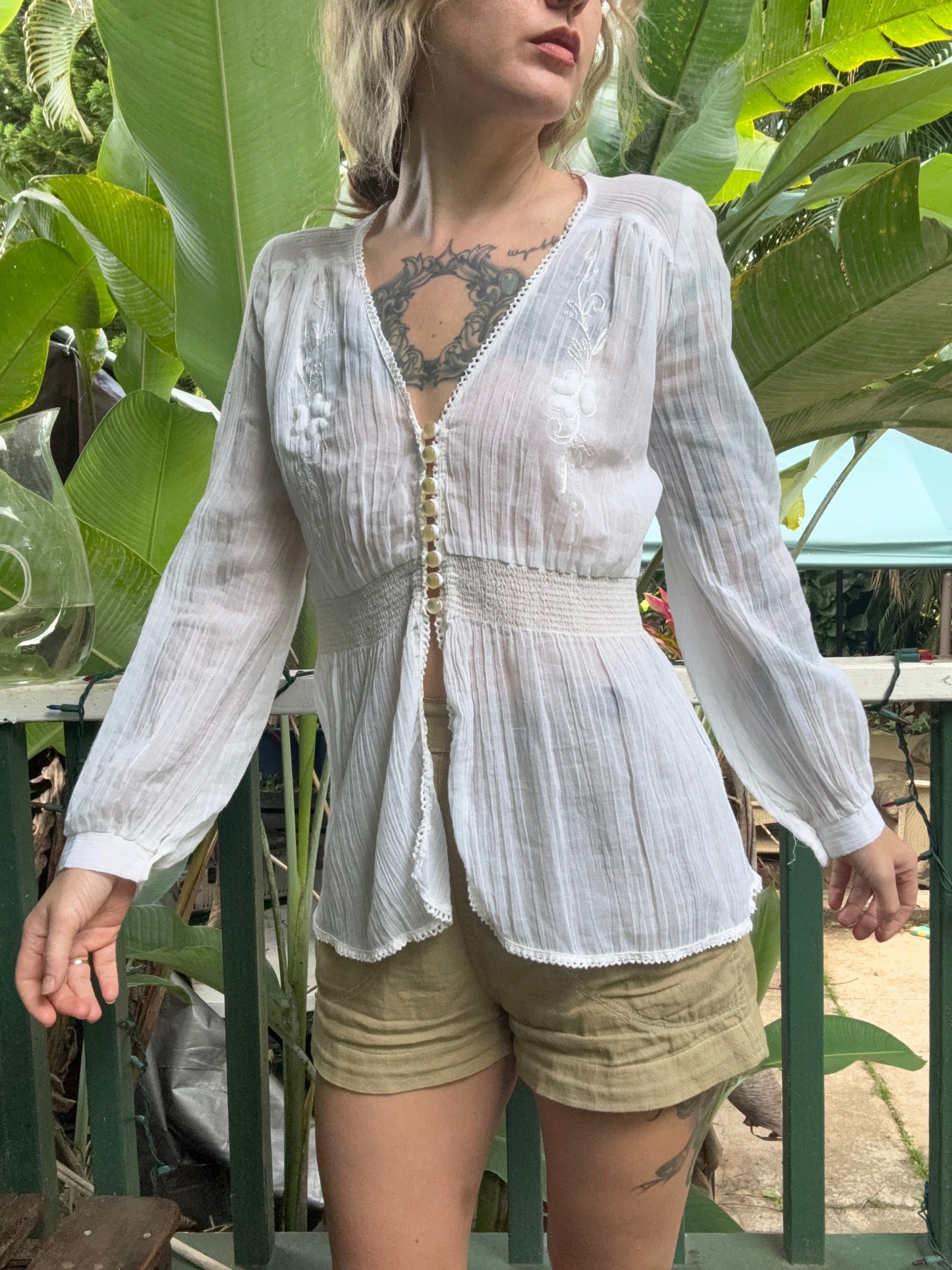 1970s Irene Kasmer semi sheer white cotton blouse