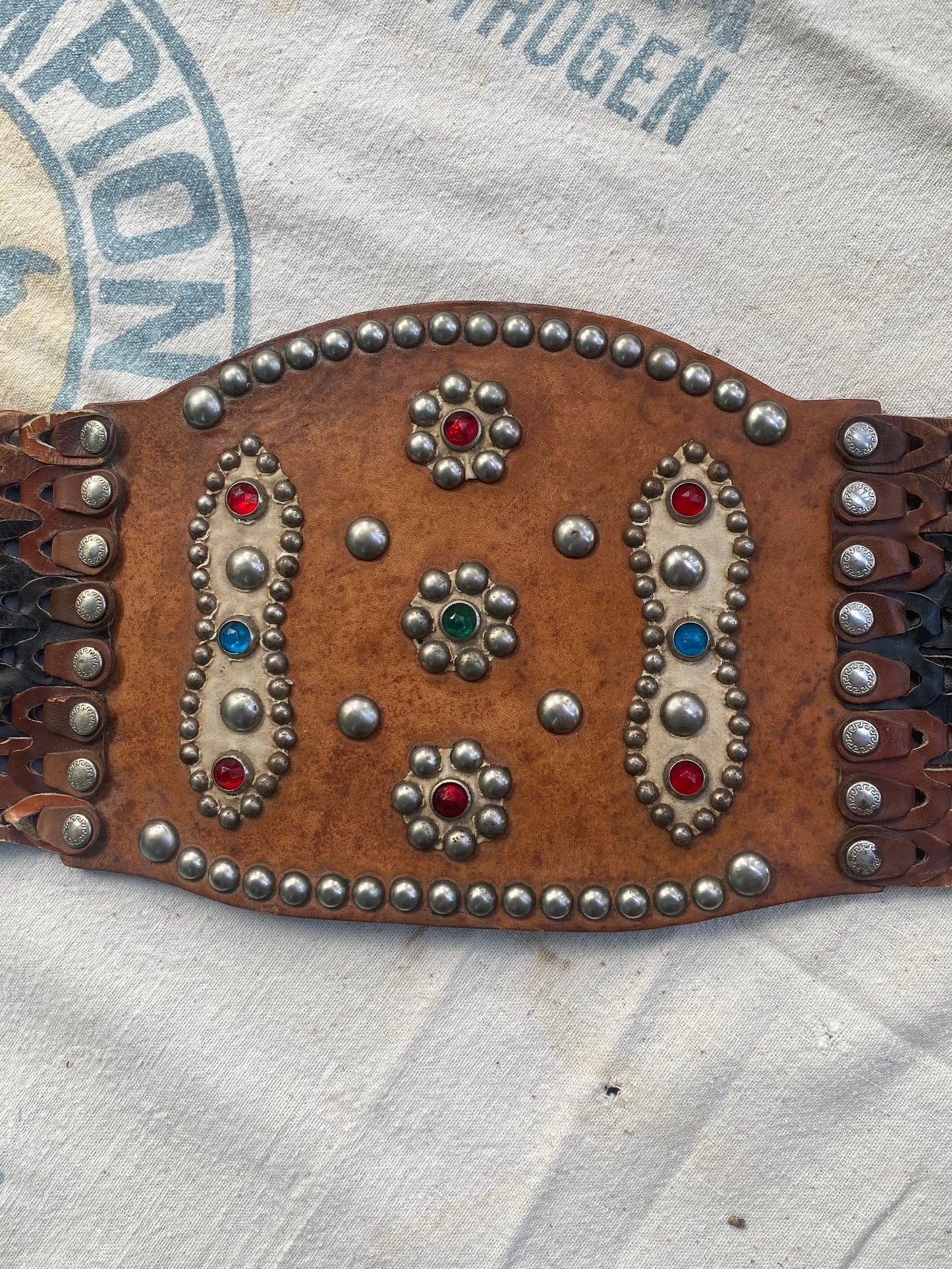 1950s leather jewel studded leather motorcycle kidney belt 31”-33” belt