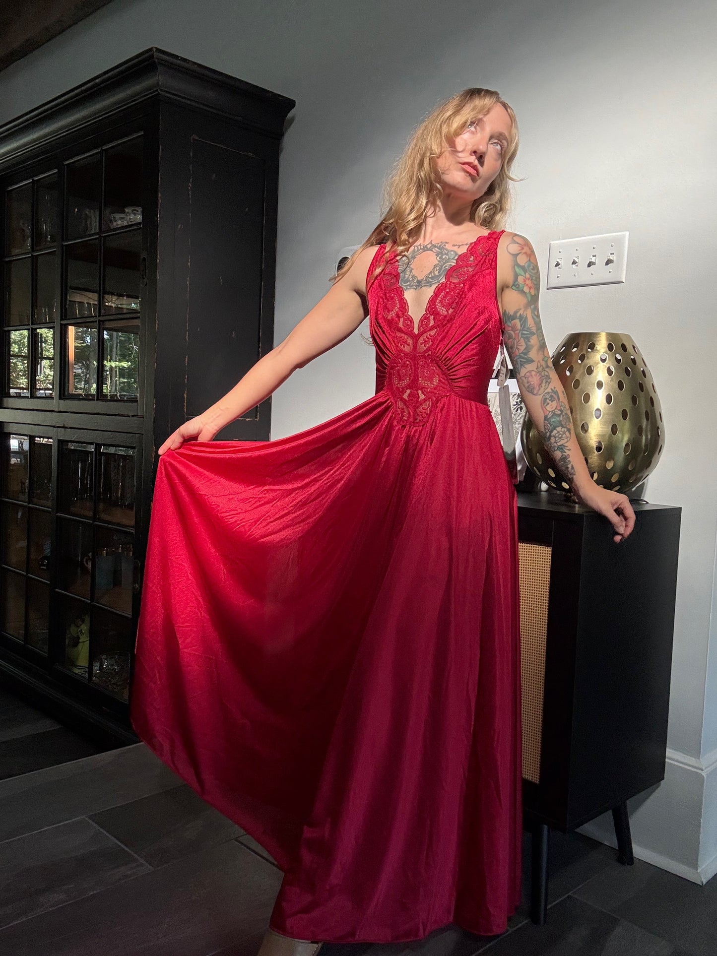 Deadstock 1980s Crimson Red Olga Gown 92280 Medium