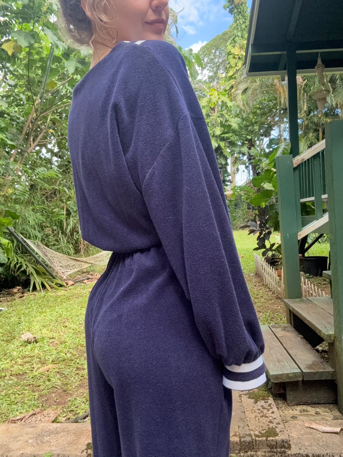 1980s Nautical Christian Dior Terry Cloth Jumpsuit Navy Large