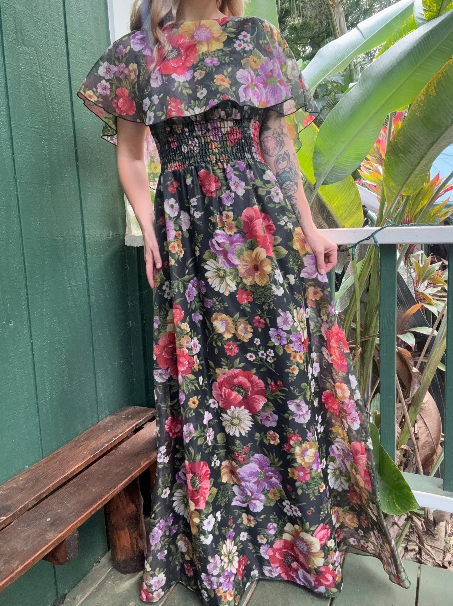 1970s Poppy Floral Print Shawl Maxi Dress Small Long