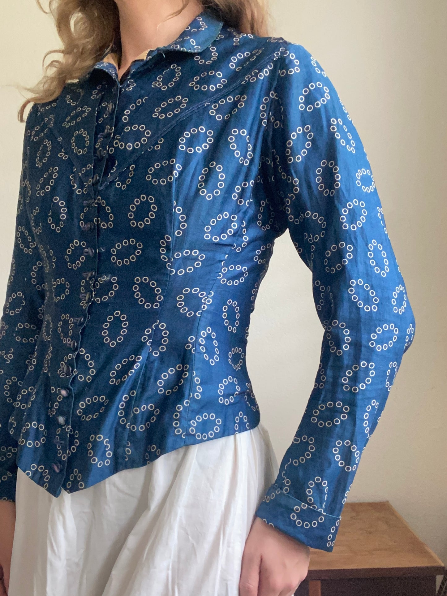 Late 1800s Early 1900s Antique Blue Cotton Calico Bodice Blouse