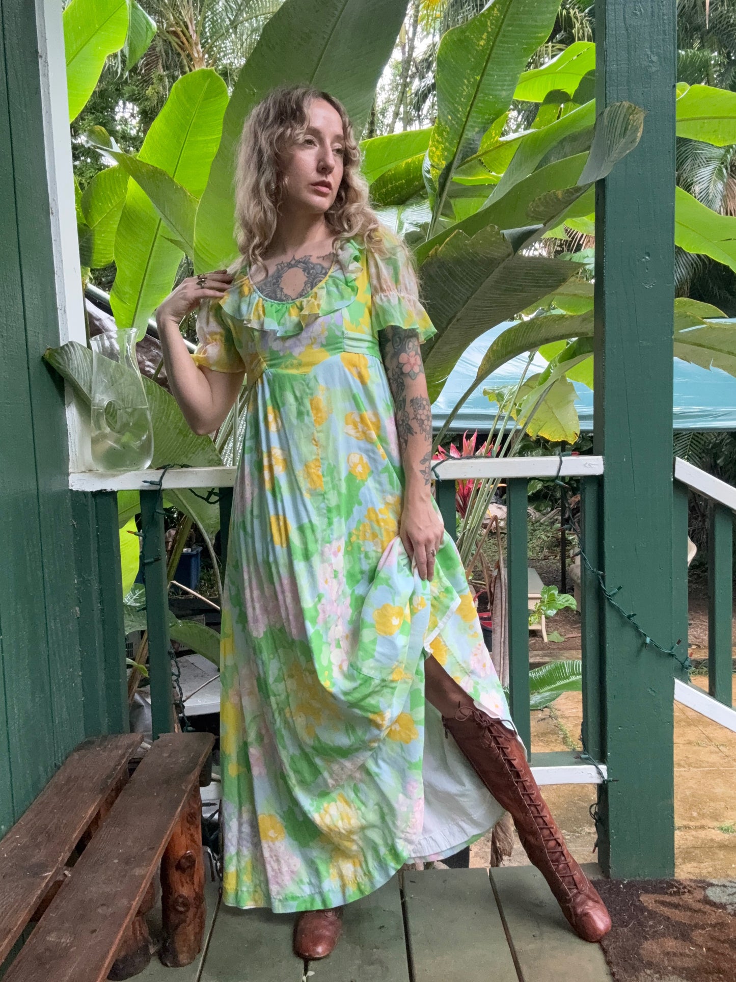 1970s Spring Floral Cotton floor-length Prairie Dress XS/Small