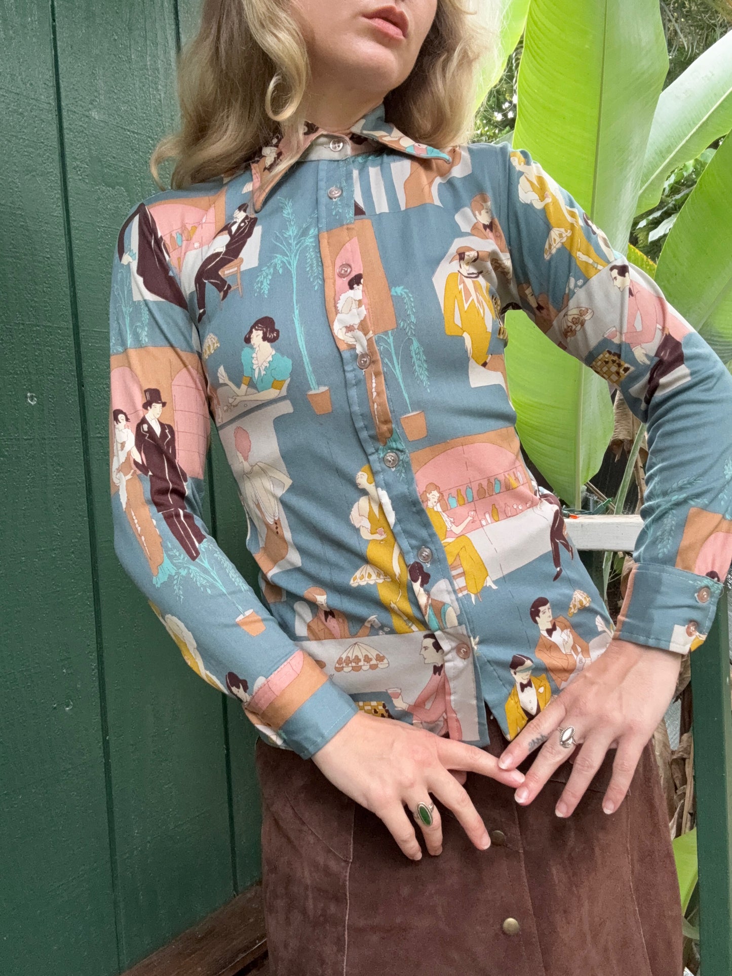 1970s Nylon Bar Scene Novelty Button up blouse Small