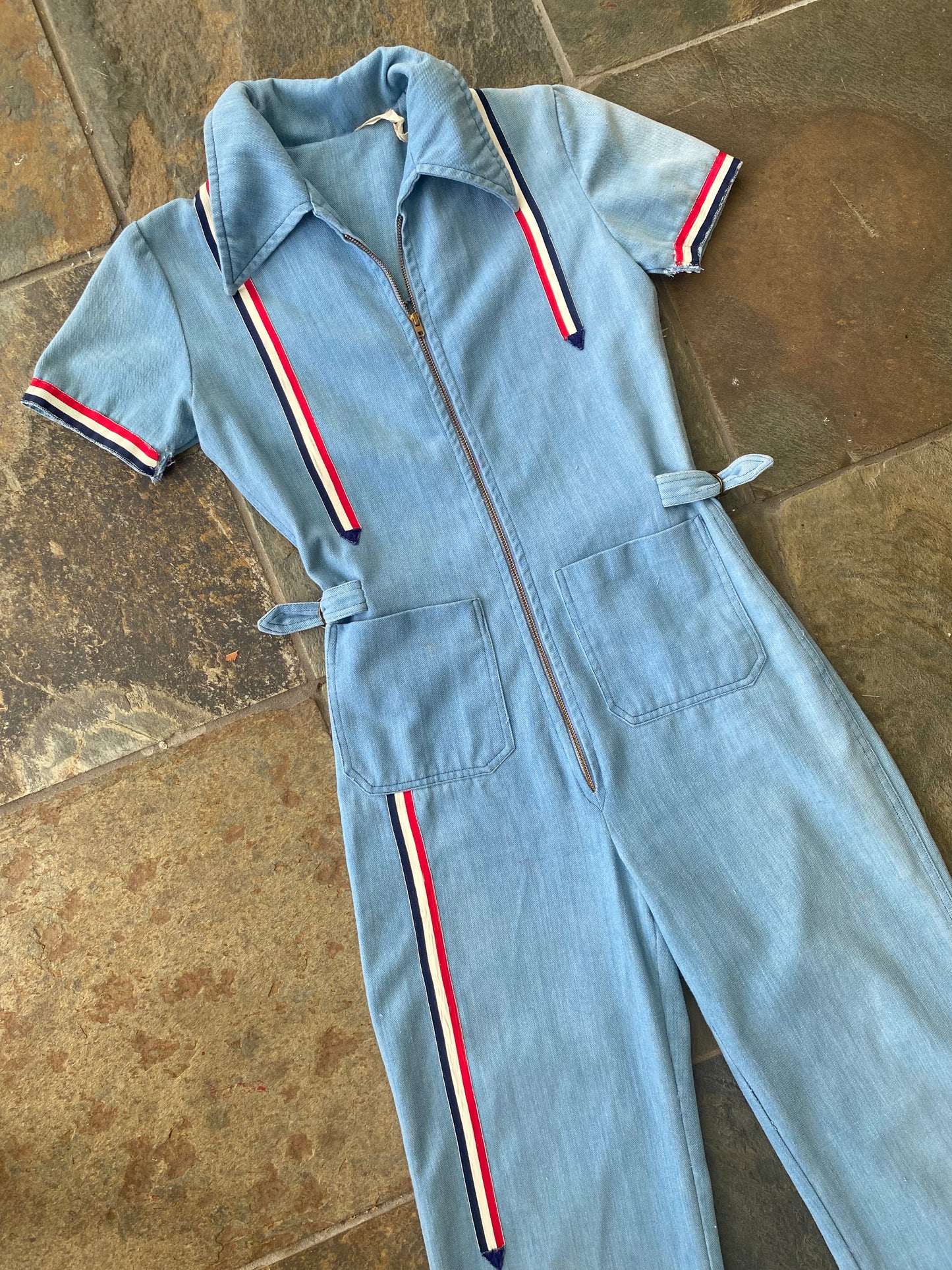 1970s Racing Stripe Denim Jumpsuit