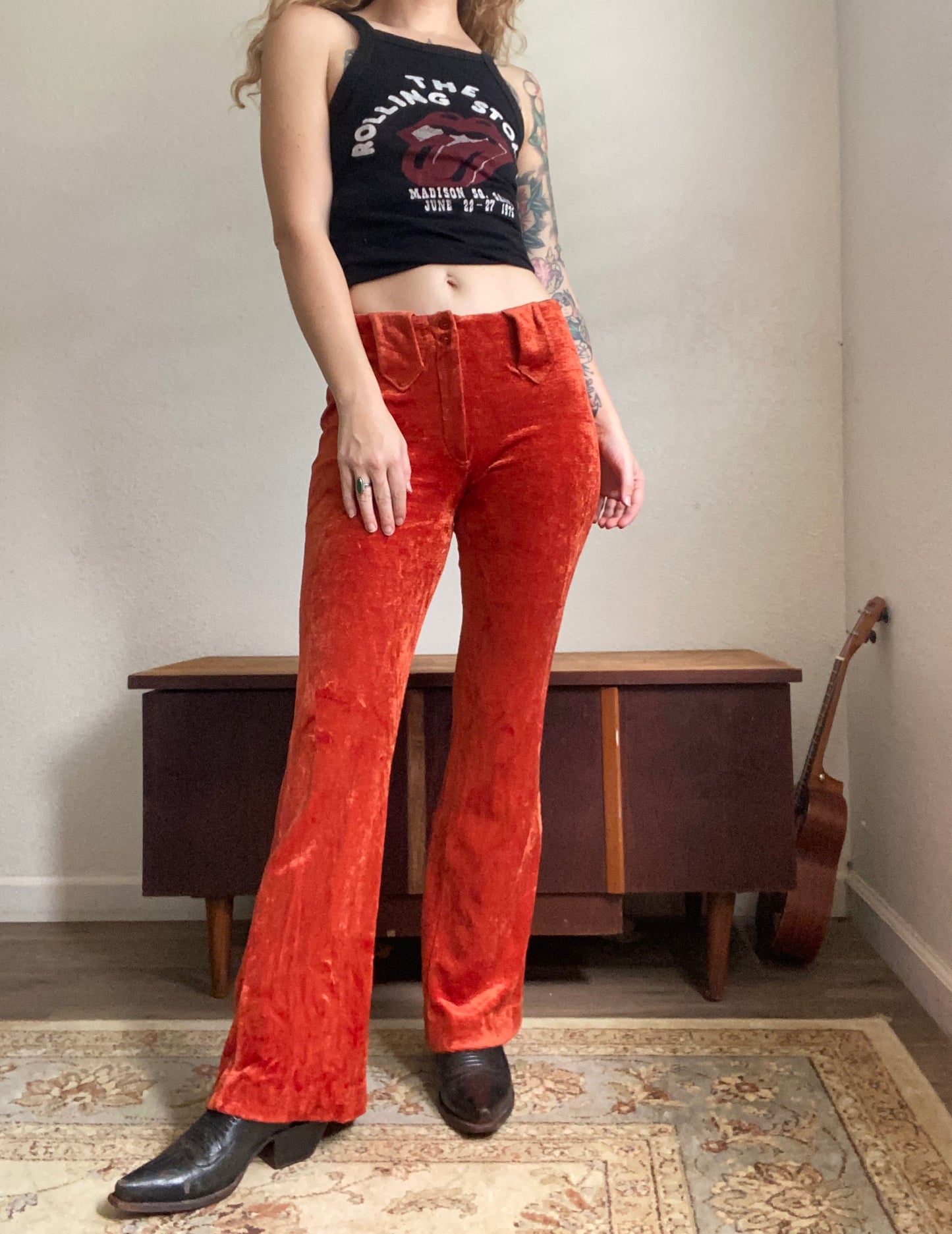 1970s mid rise burnt orange velvet western bell bottom pants 28x31