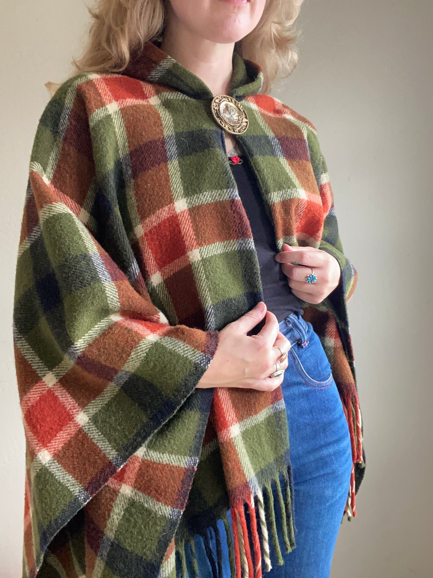 Vintage Wool Plaid Hooded Poncho