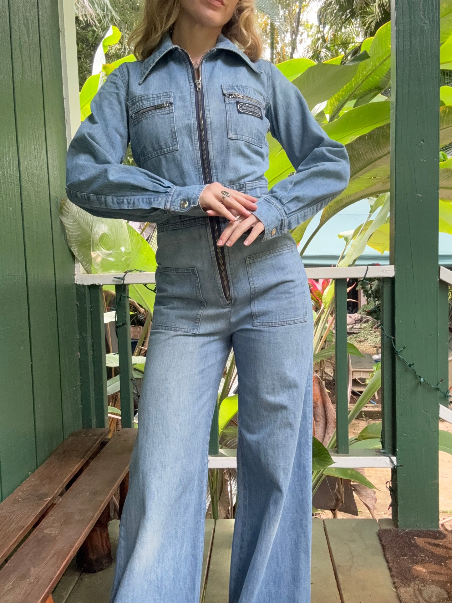 1970s Long Sleeve Bell Bottom Denim Jumpsuit Mr Berrie