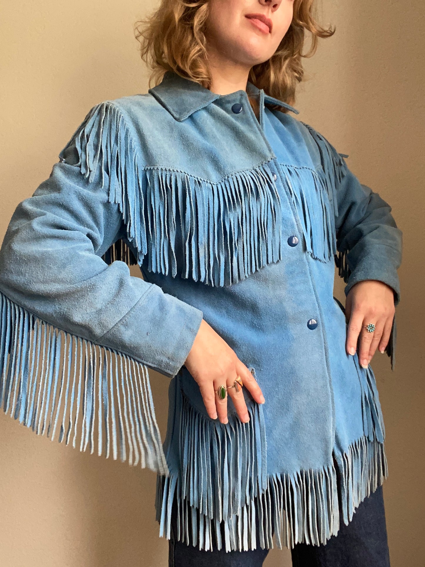 1960s K Bar Z by Pyramid Blue Suede Fringe Jacket