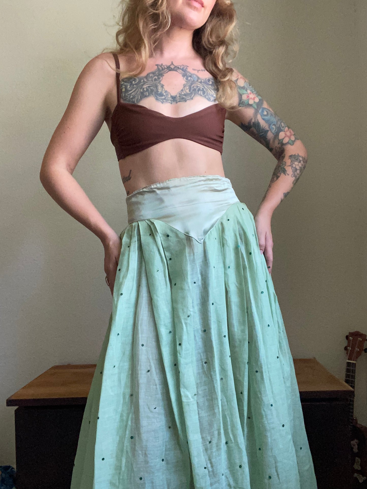 1940s Seafoam semi sheer Cotton and Rayon skirt