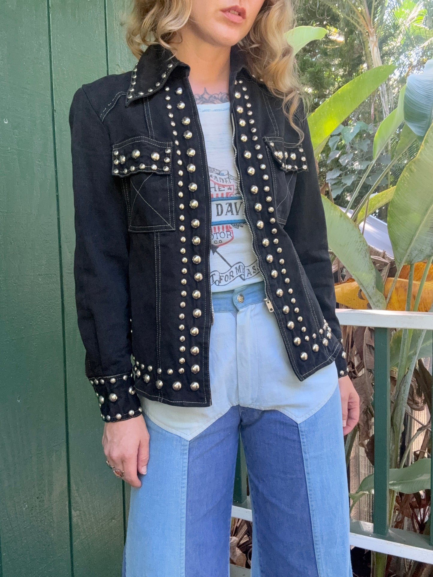 1970s Gina Teresa Black Denim Studded jacket XS/S