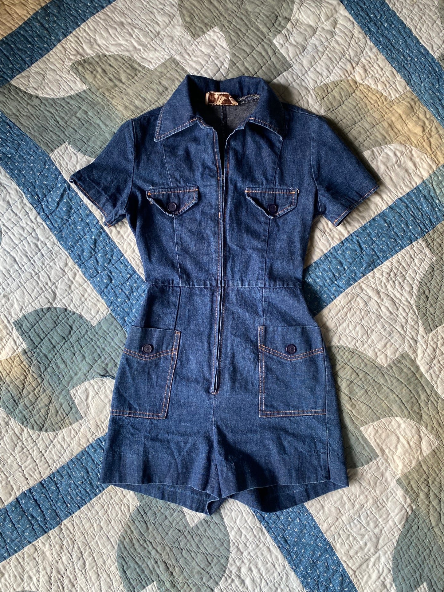 1970s Happy Legs denim shorts romper jumpsuit