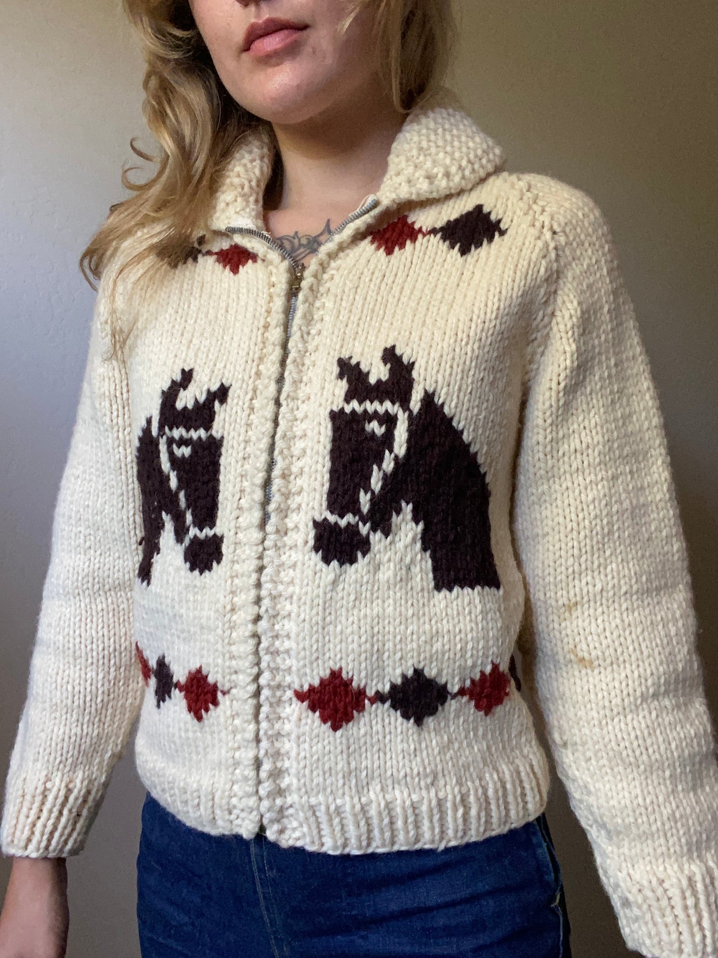 60s/70s Hand Knit Horse Shawl Sweater