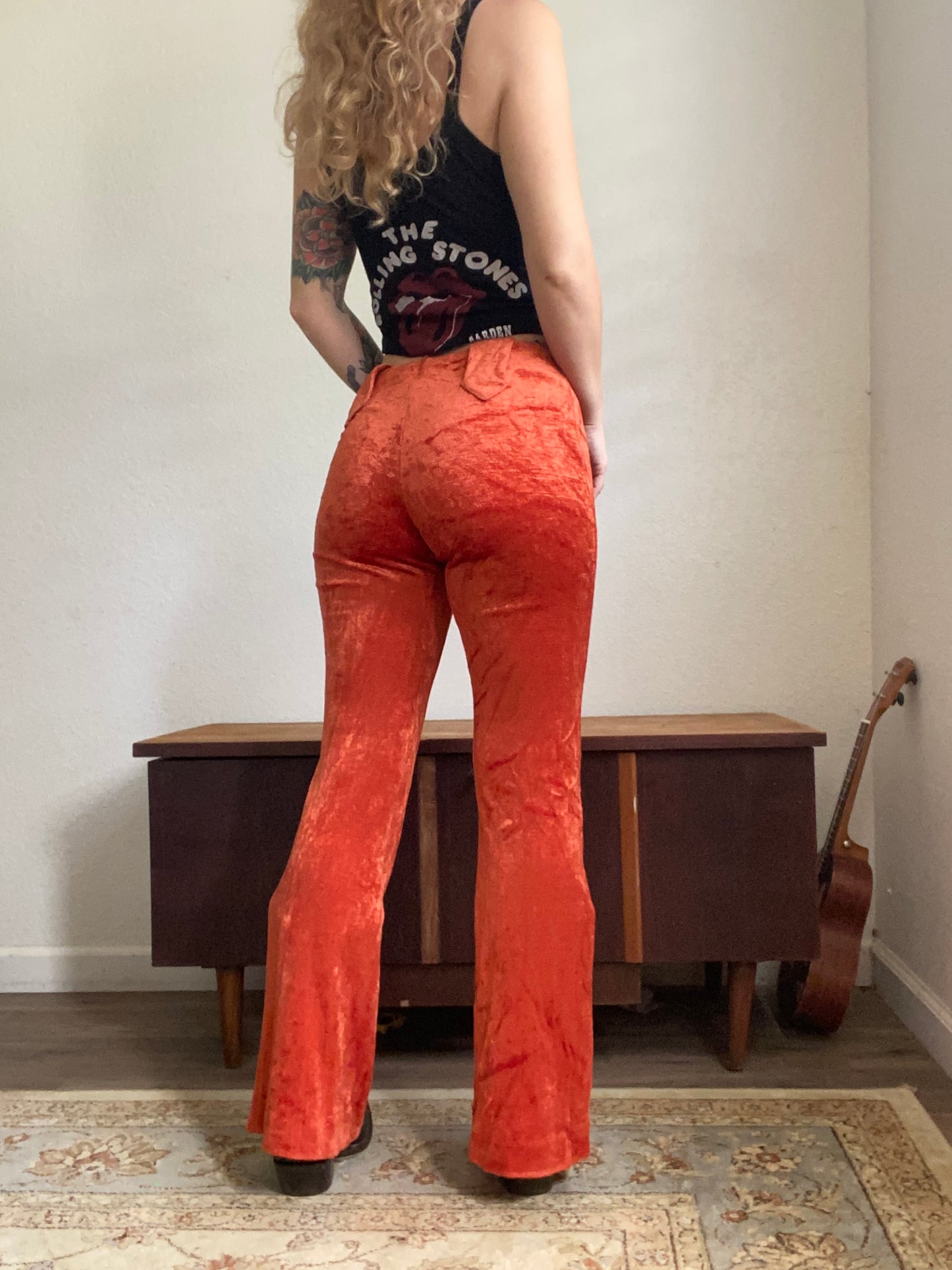 1970s mid rise burnt orange velvet western bell bottom pants 28x31