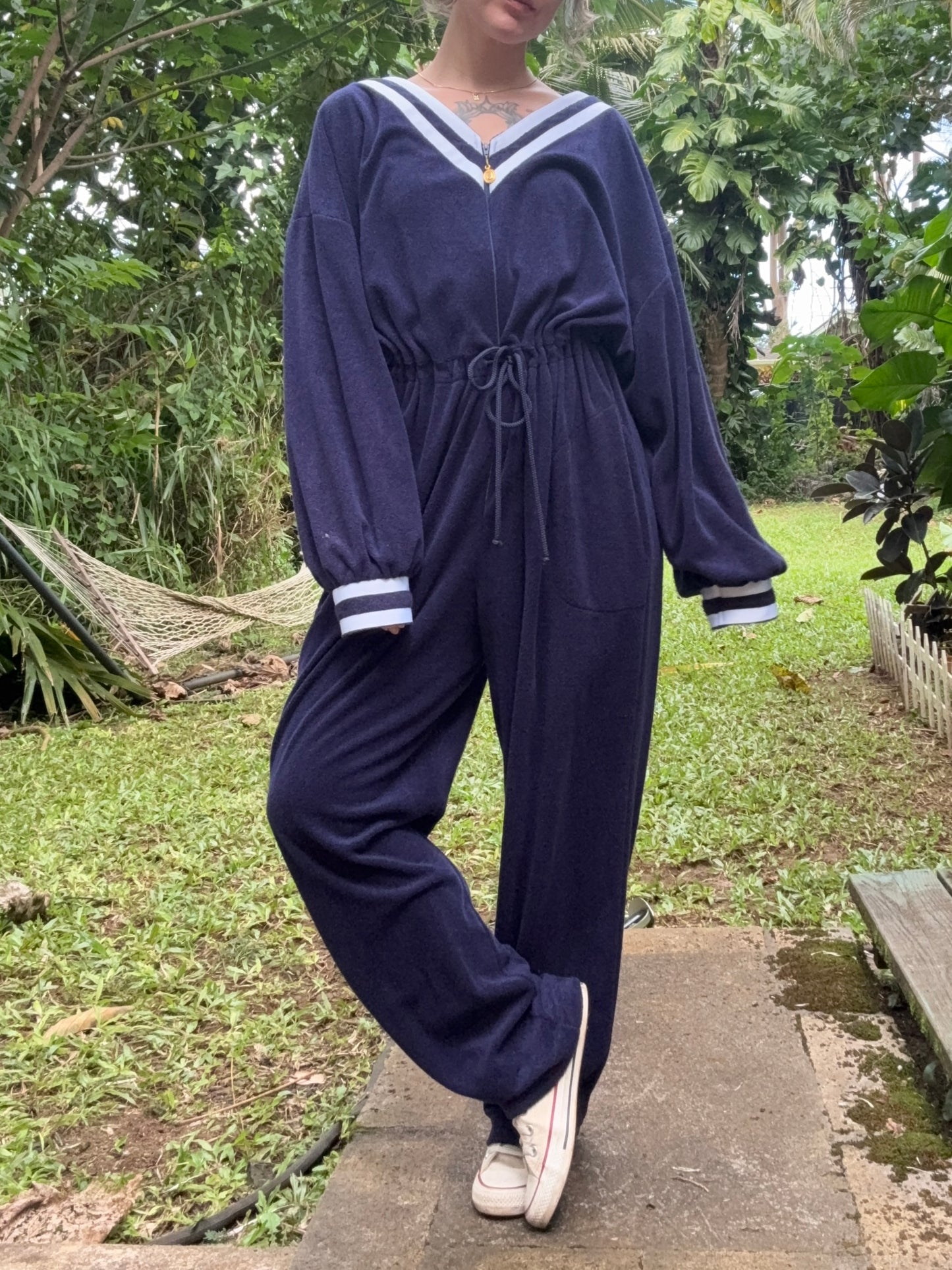 1980s Nautical Christian Dior Terry Cloth Jumpsuit Navy Large