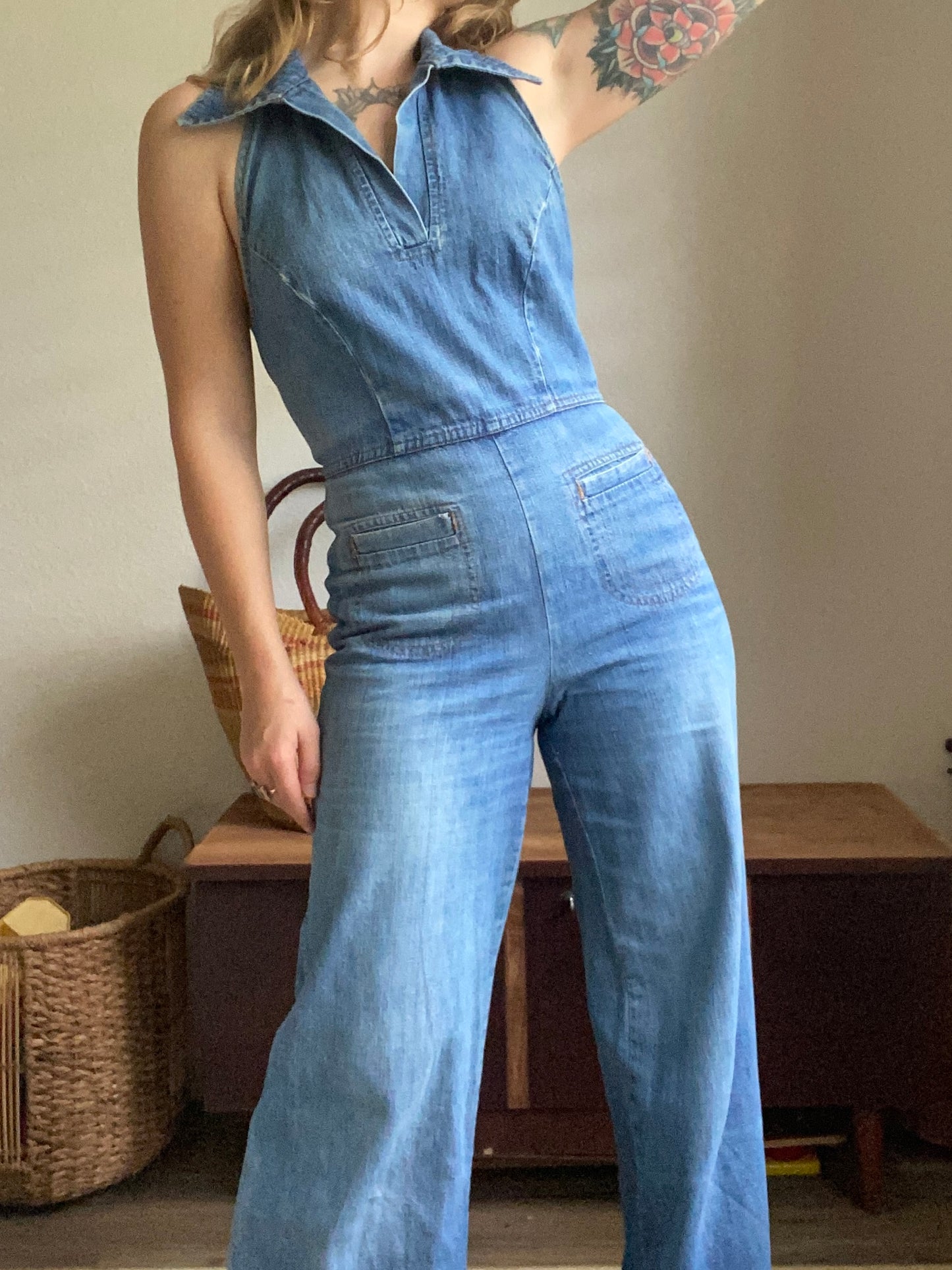 1970s Landlubber Denim Halter Jumpsuit