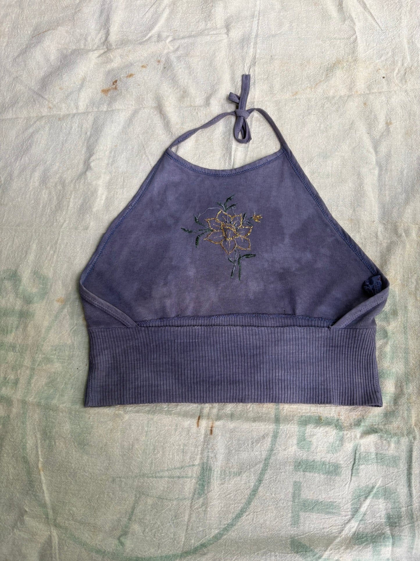 1970s flower embroidery cotton halter top