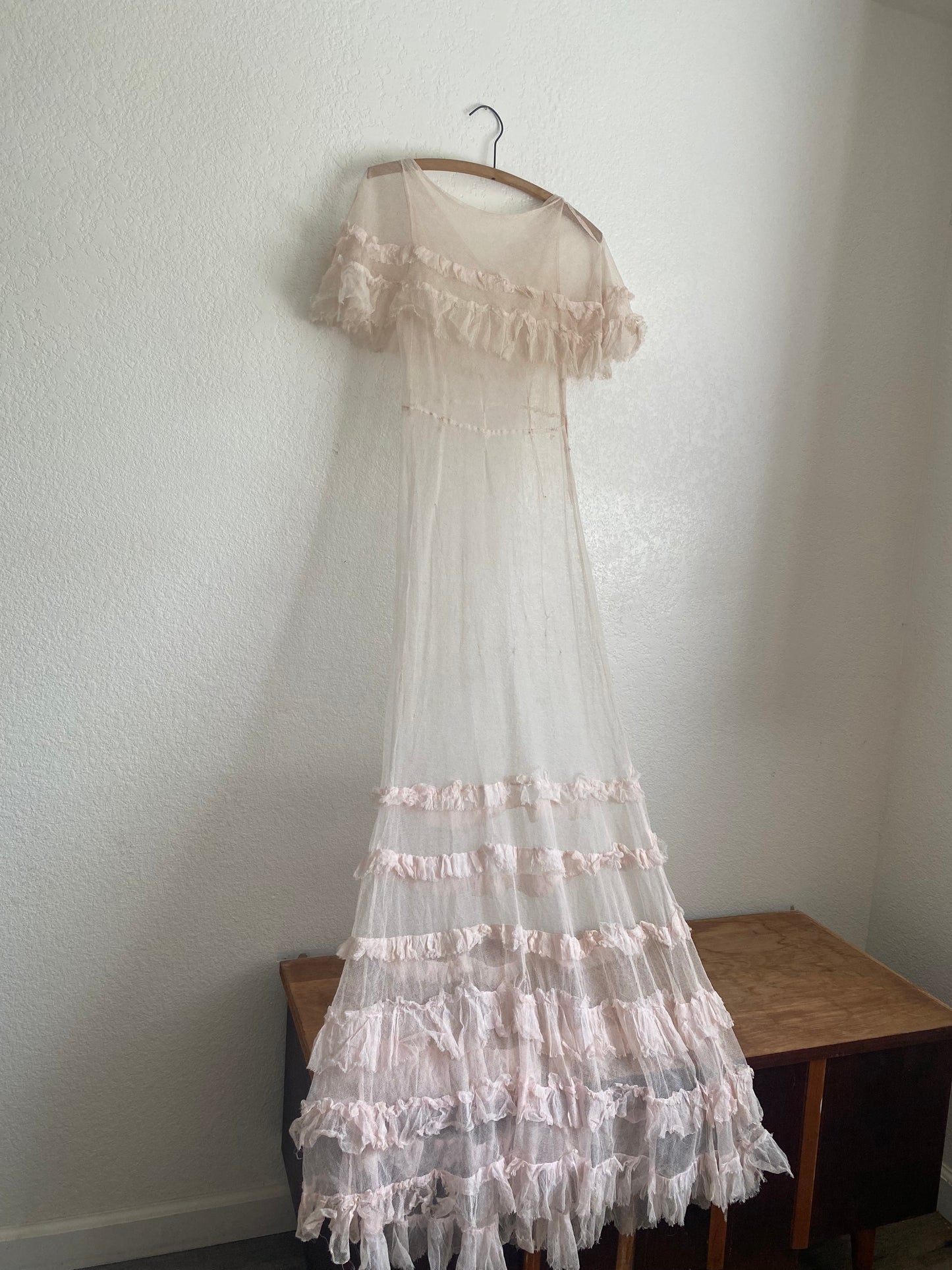 1930s Antique sheer pink net ruffle dress