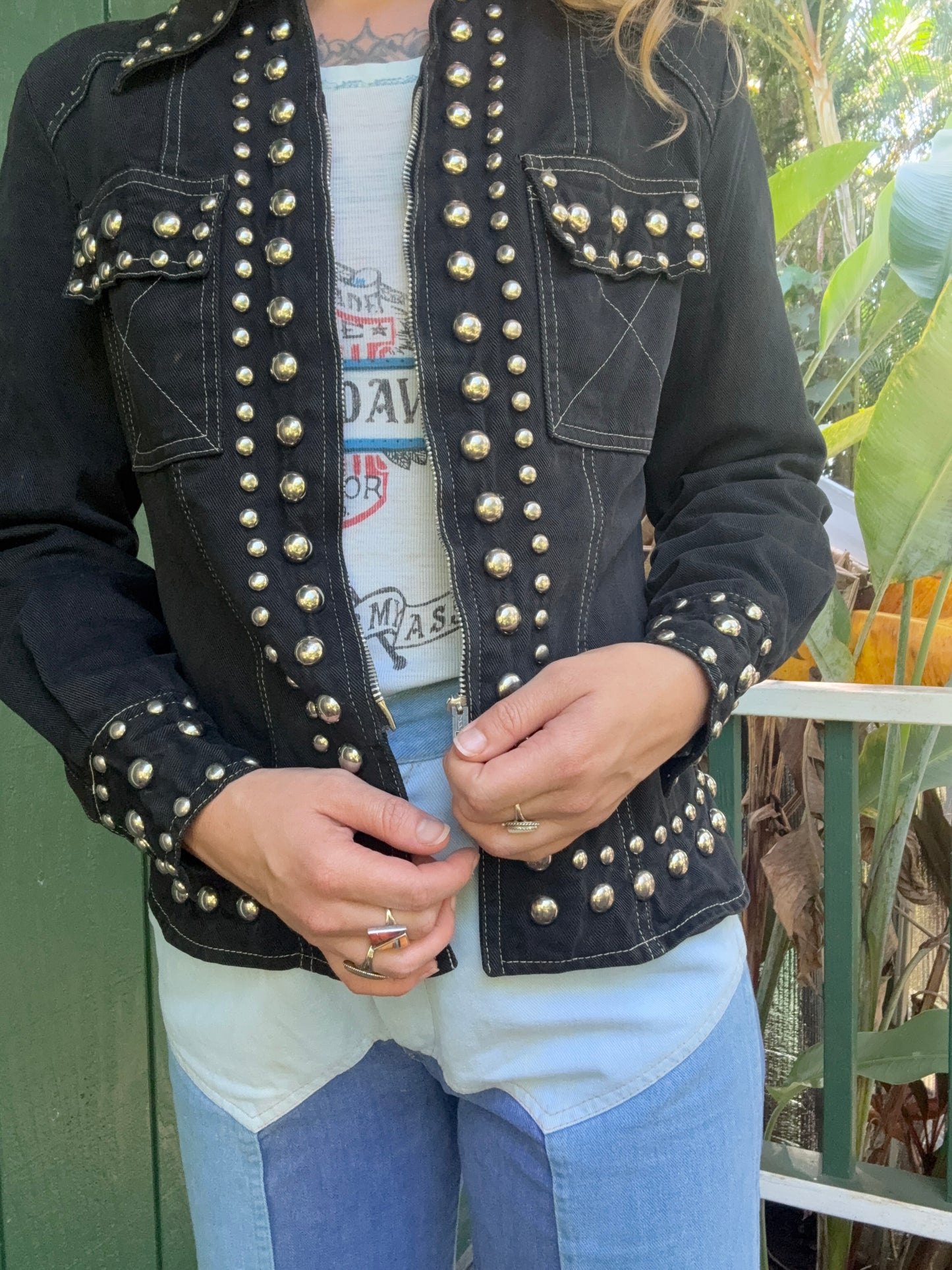1970s Gina Teresa Black Denim Studded jacket XS/S