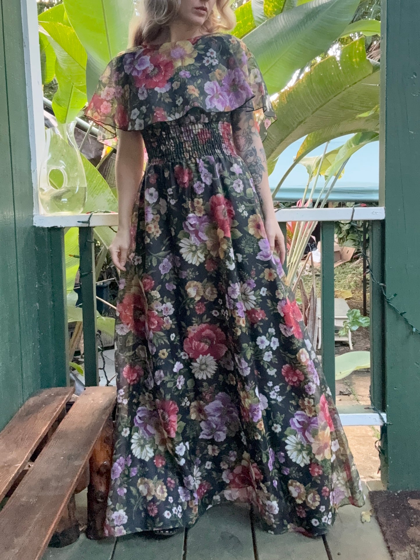 1970s Poppy Floral Print Shawl Maxi Dress Small Long