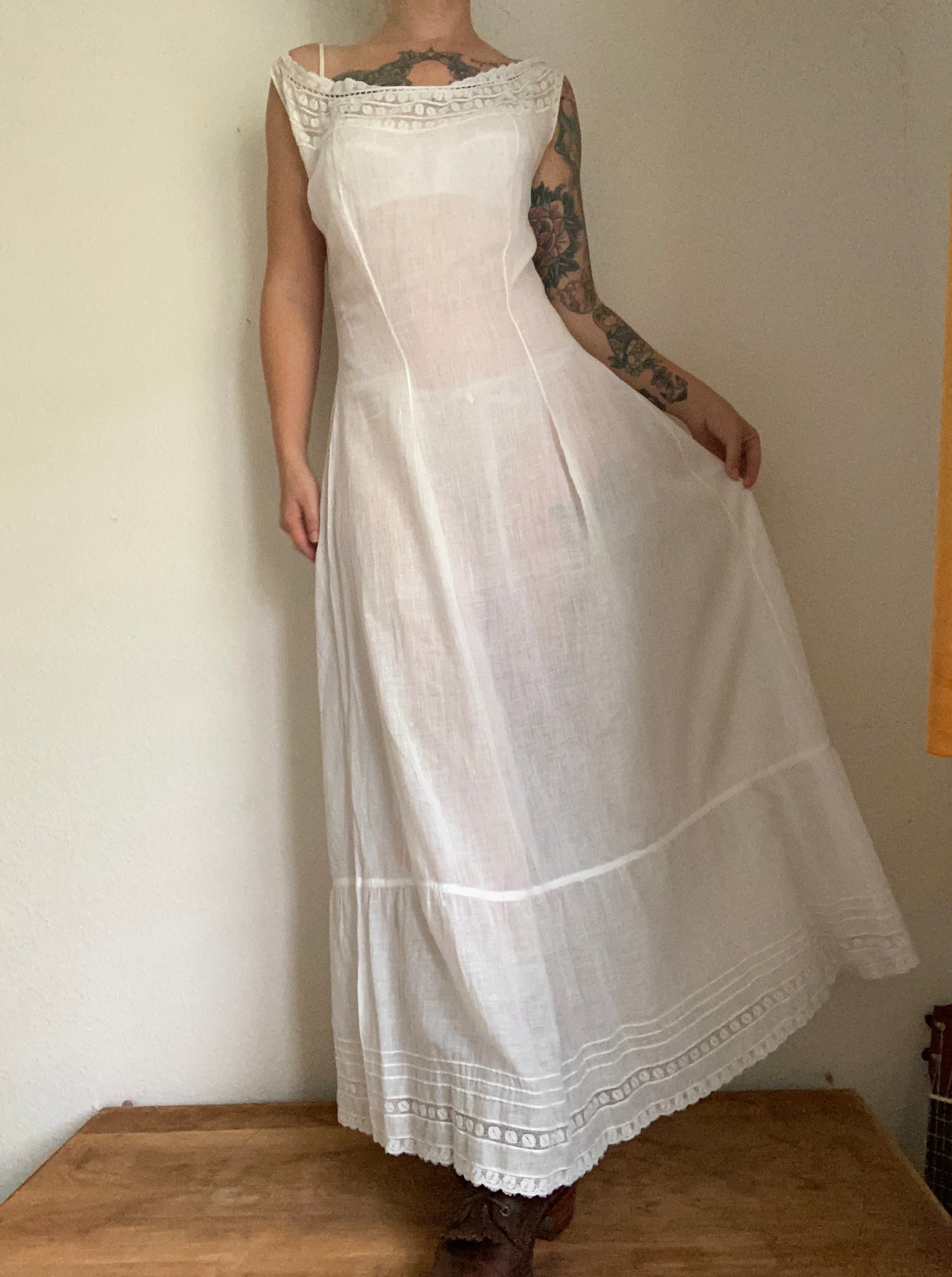 Early 1900s Victorian era white cotton slip gown