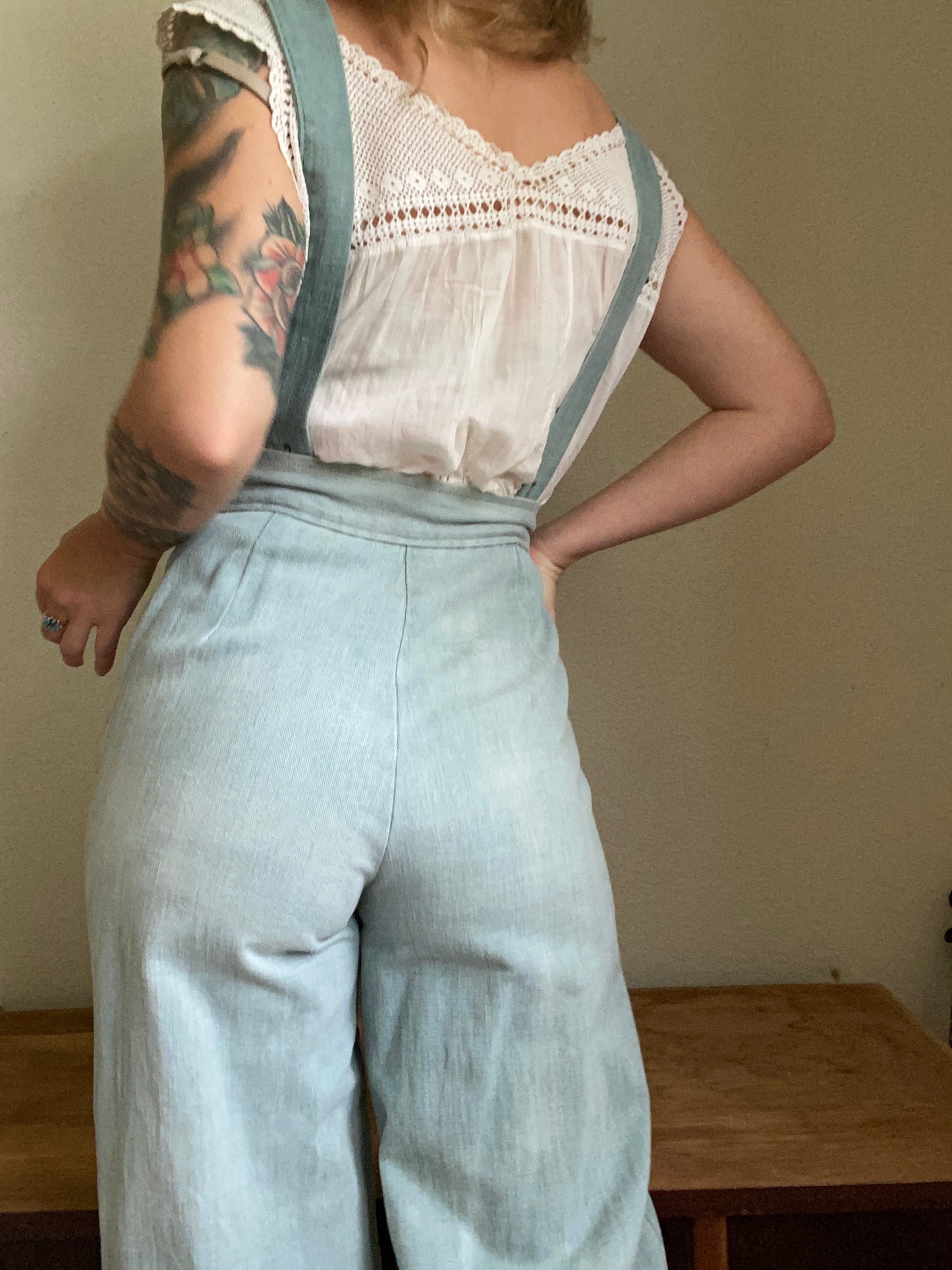 1970s Green Denim Suspender Bellbottom jumpsuit