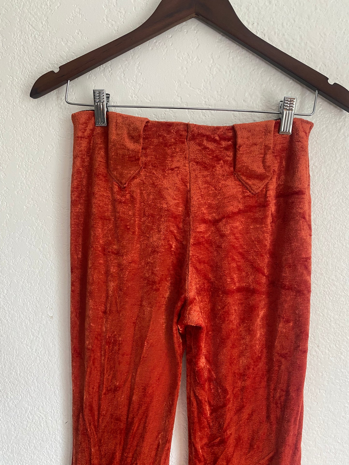 1970s mid rise burnt orange velvet western bell bottom pants 28x31