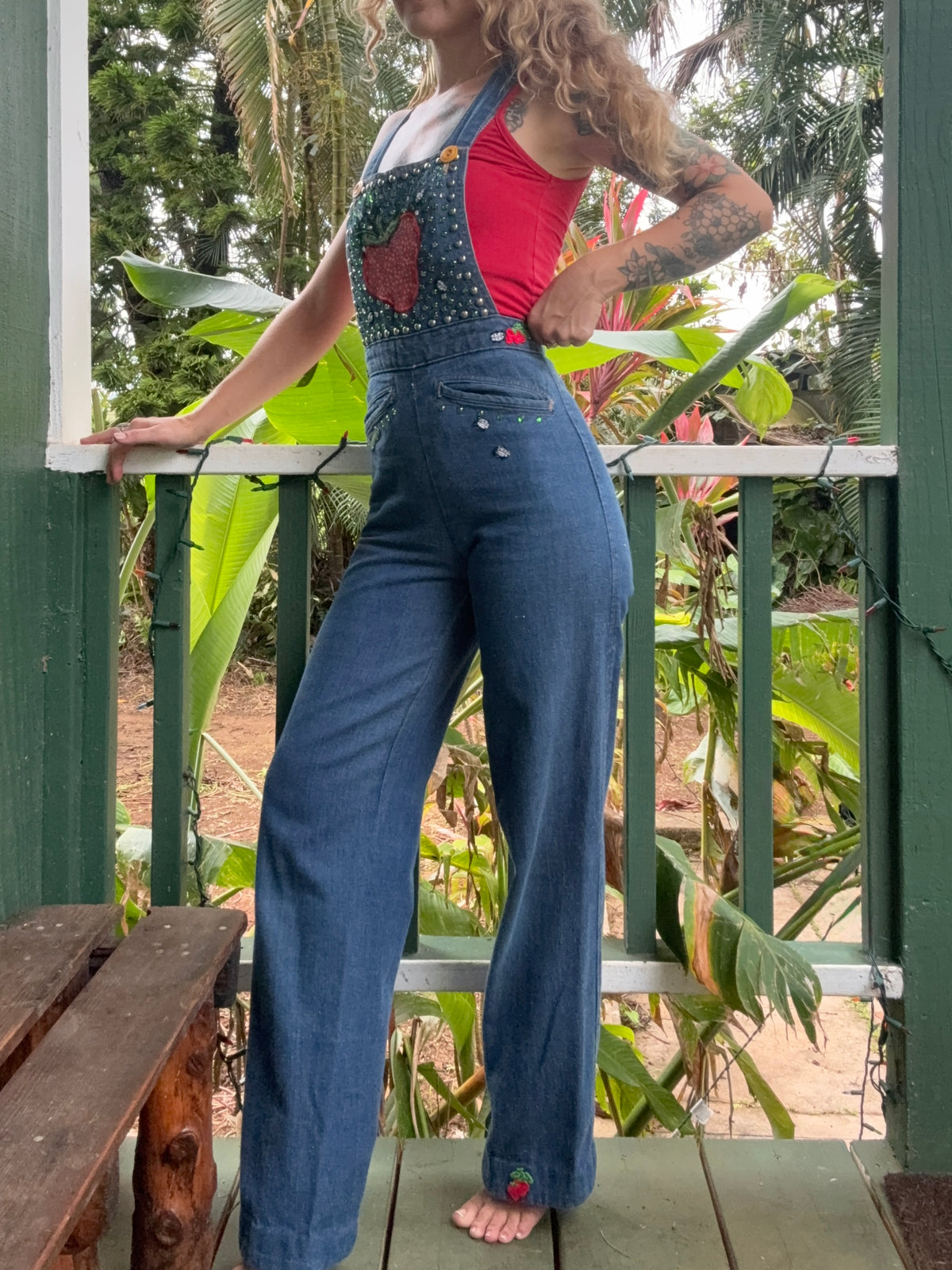 1970s Studded and Multi Patch Landlubber Denim Jumpsuit 25” w