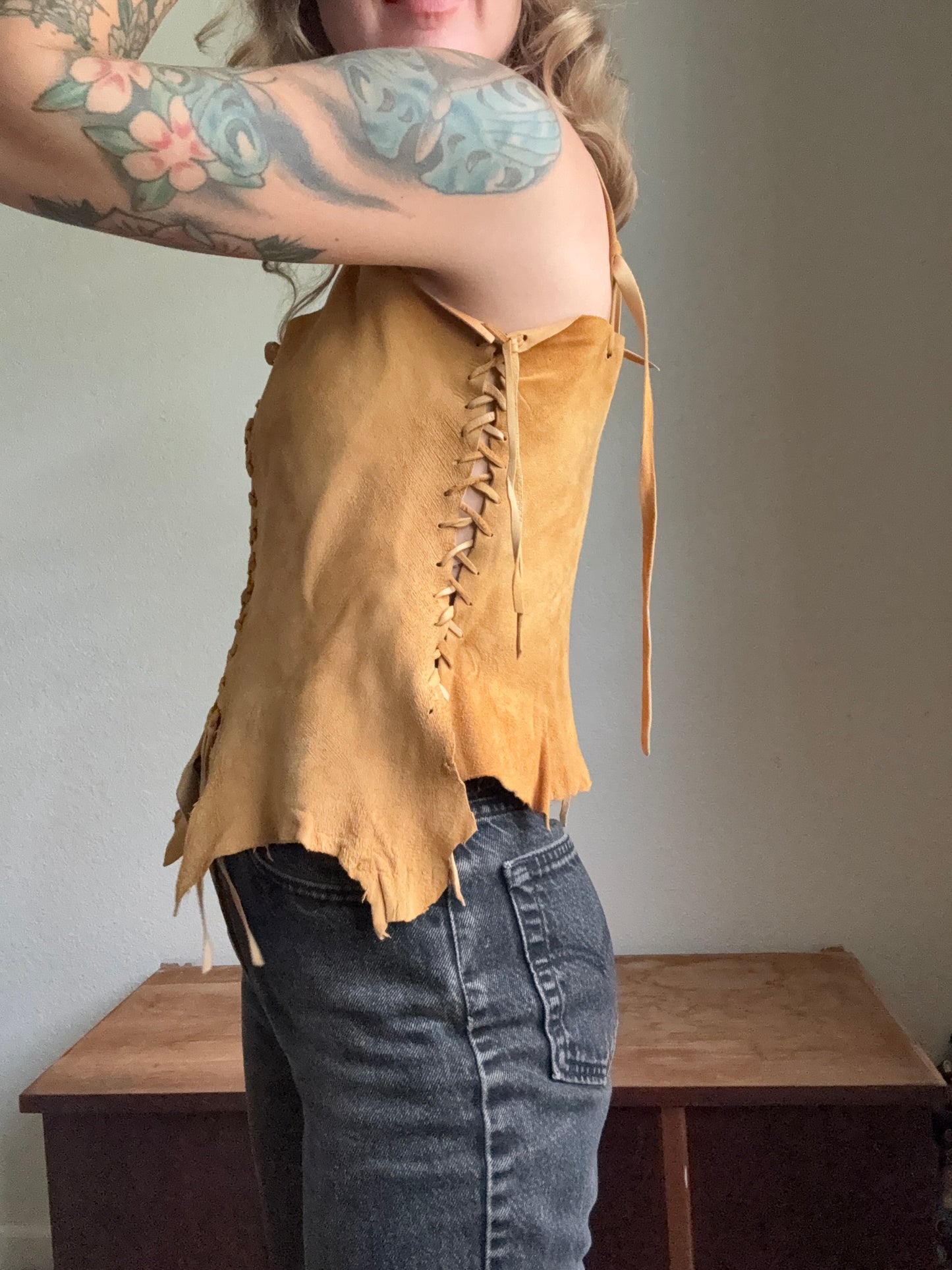 1970s Buck Skin Deer Leather Tank Top Small Medium