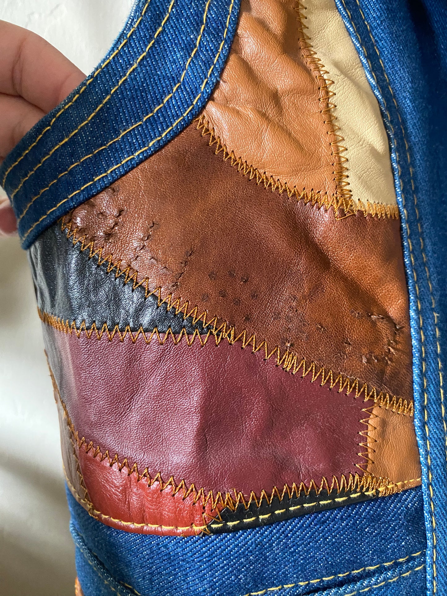 1970s Aura Patchwork Leather and Denim vest