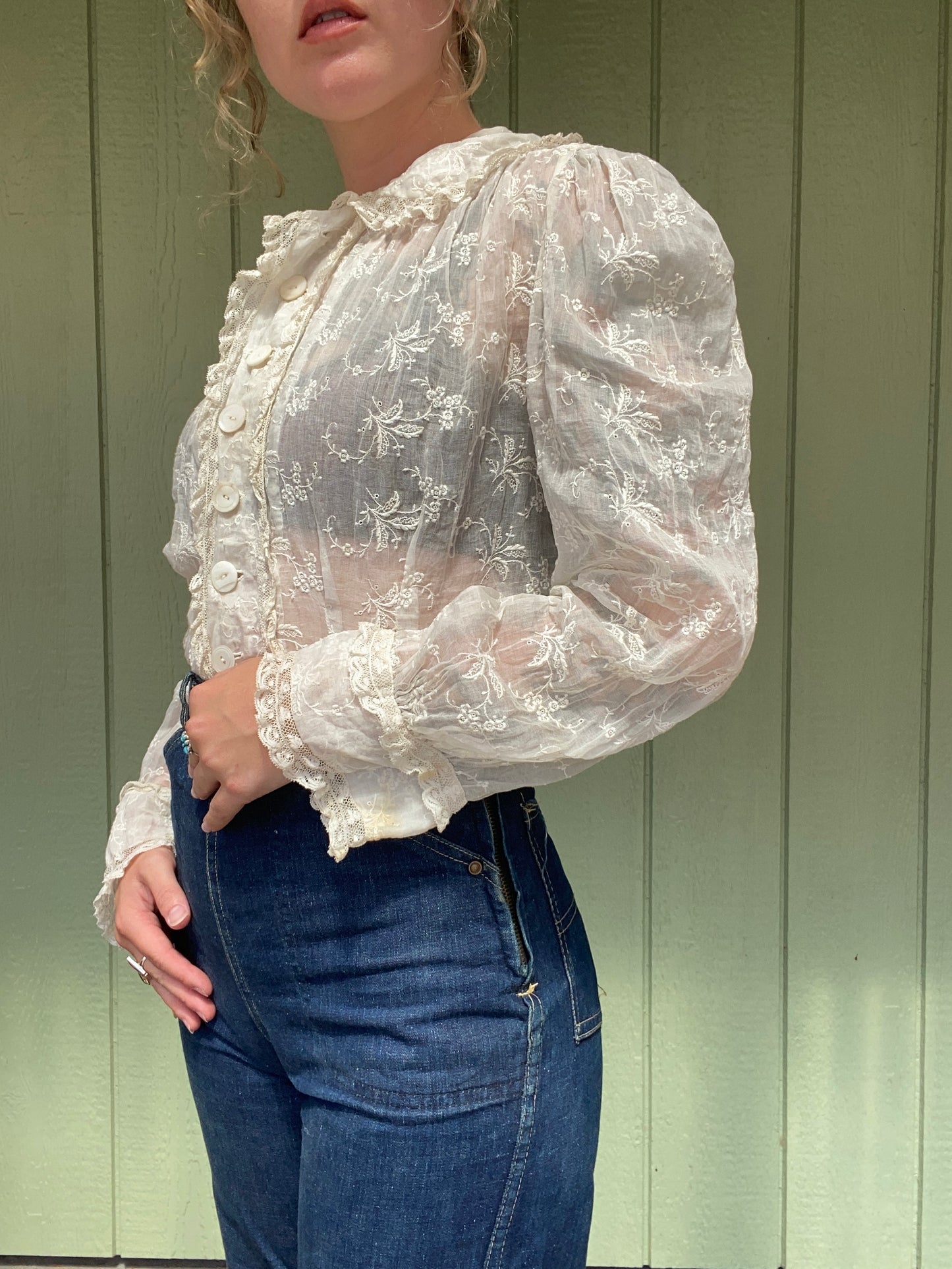 Antique Early 1900s Embroidered Cotton Button up Blouse