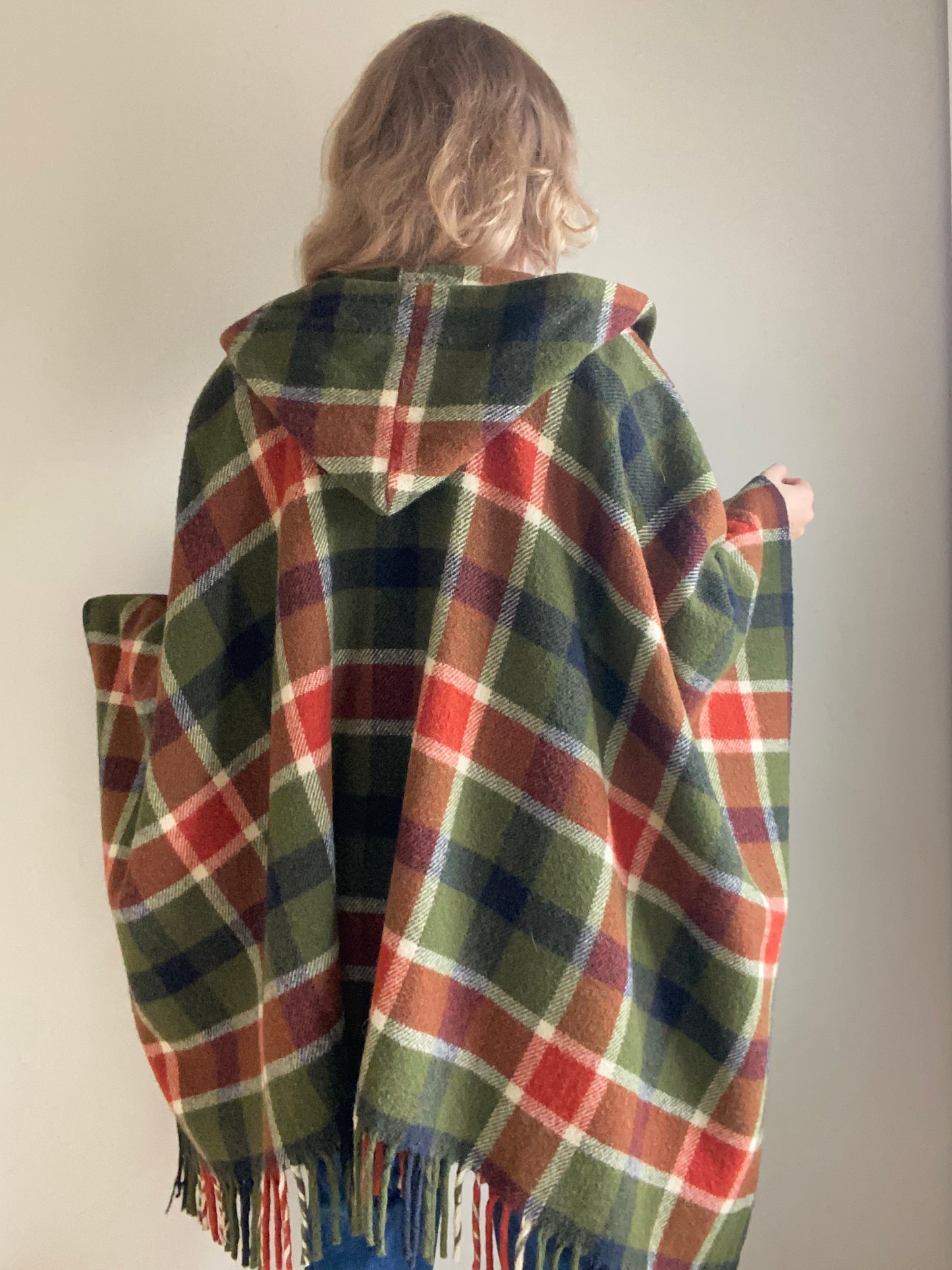 Vintage Wool Plaid Hooded Poncho