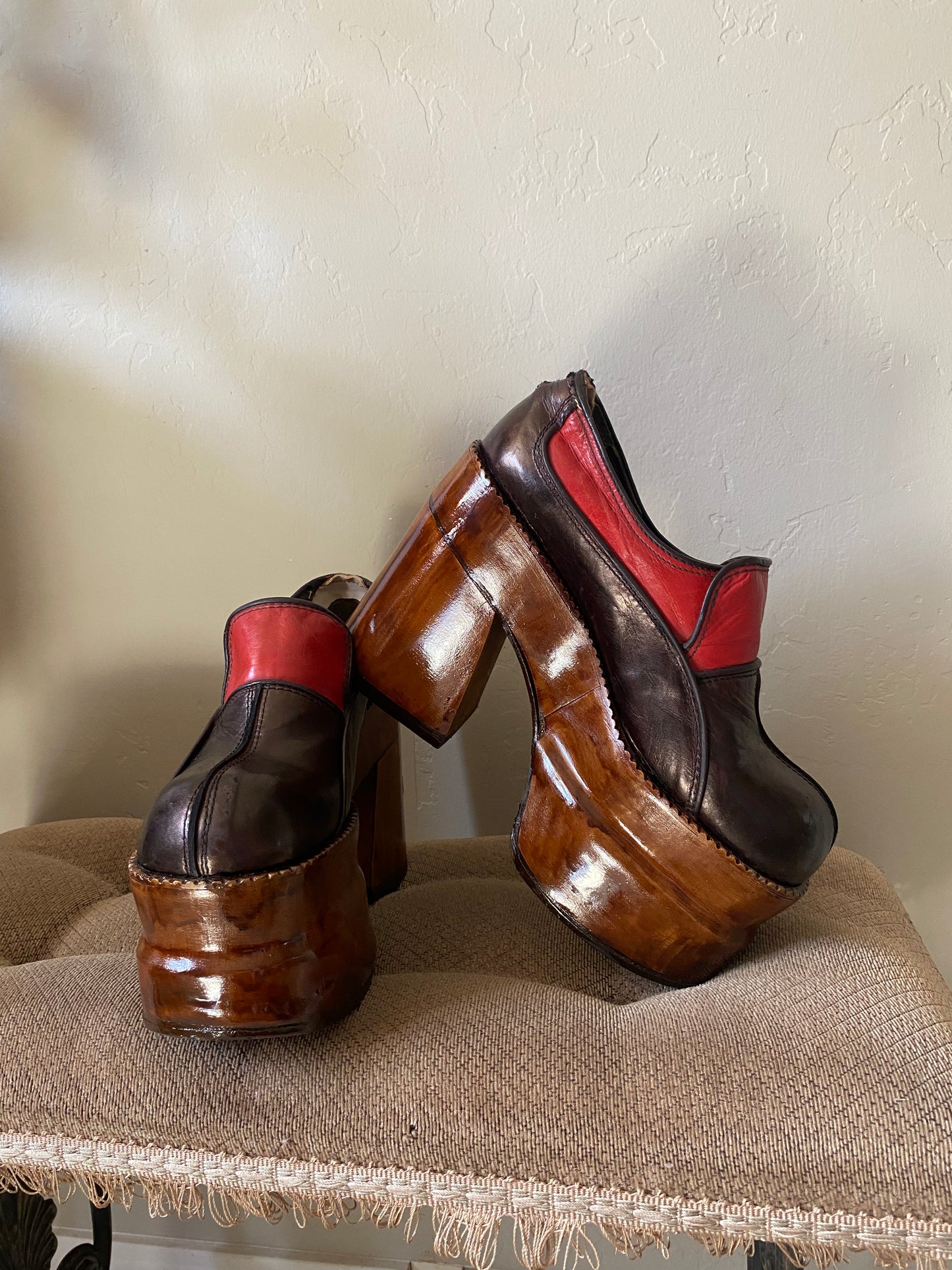 1970s Multicolor Leather Wooden Platform Shoes