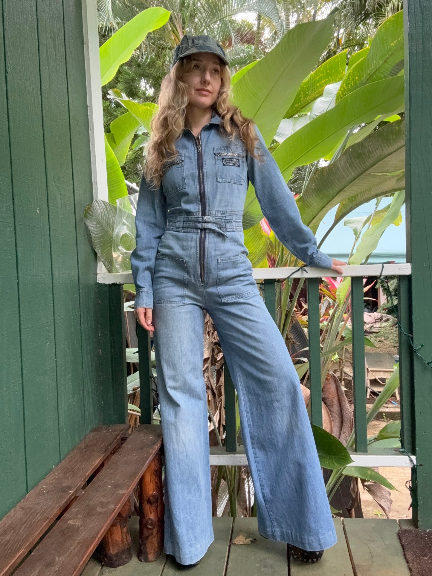 1970s Long Sleeve Bell Bottom Denim Jumpsuit Mr Berrie