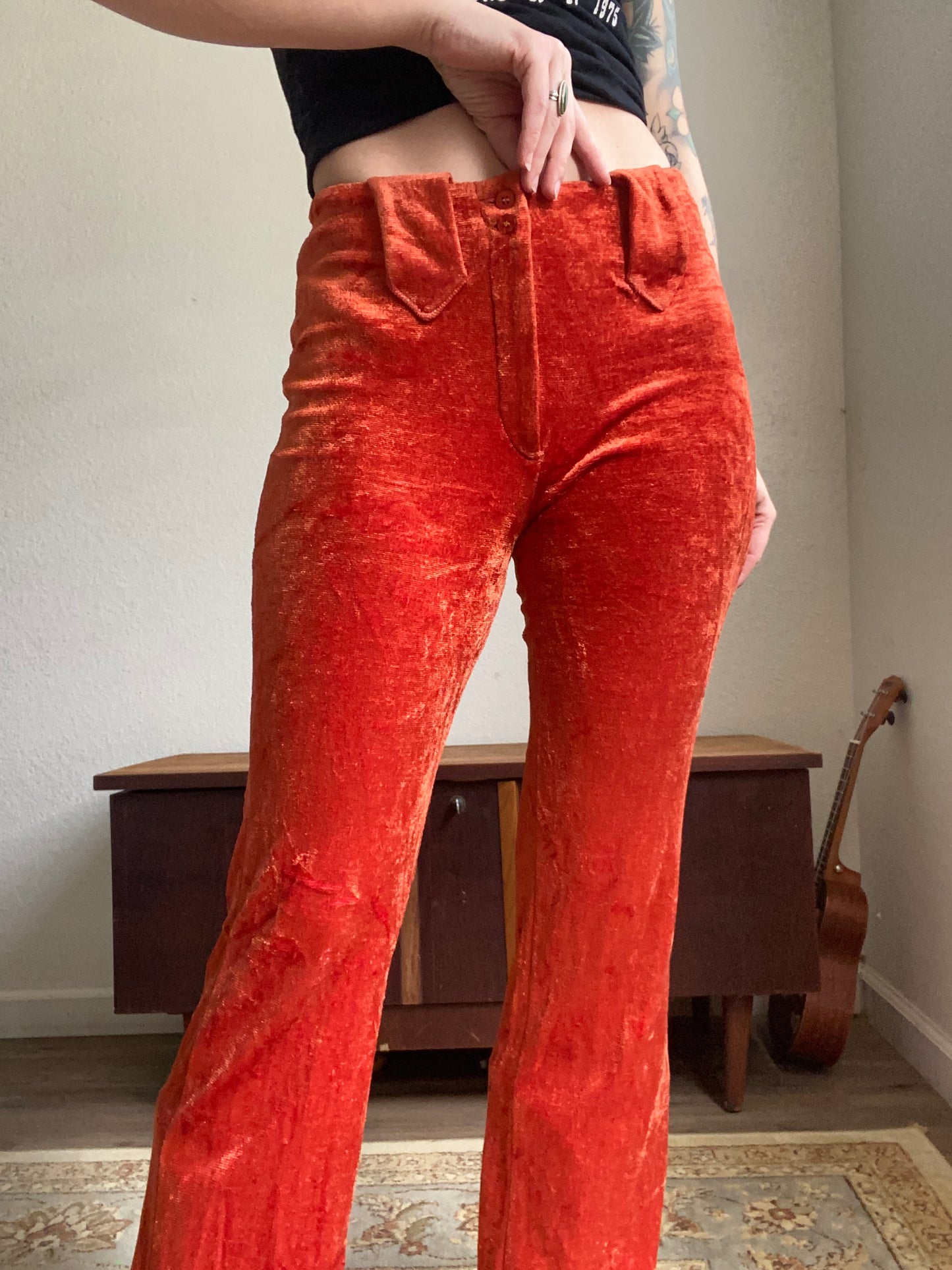 1970s mid rise burnt orange velvet western bell bottom pants 28x31