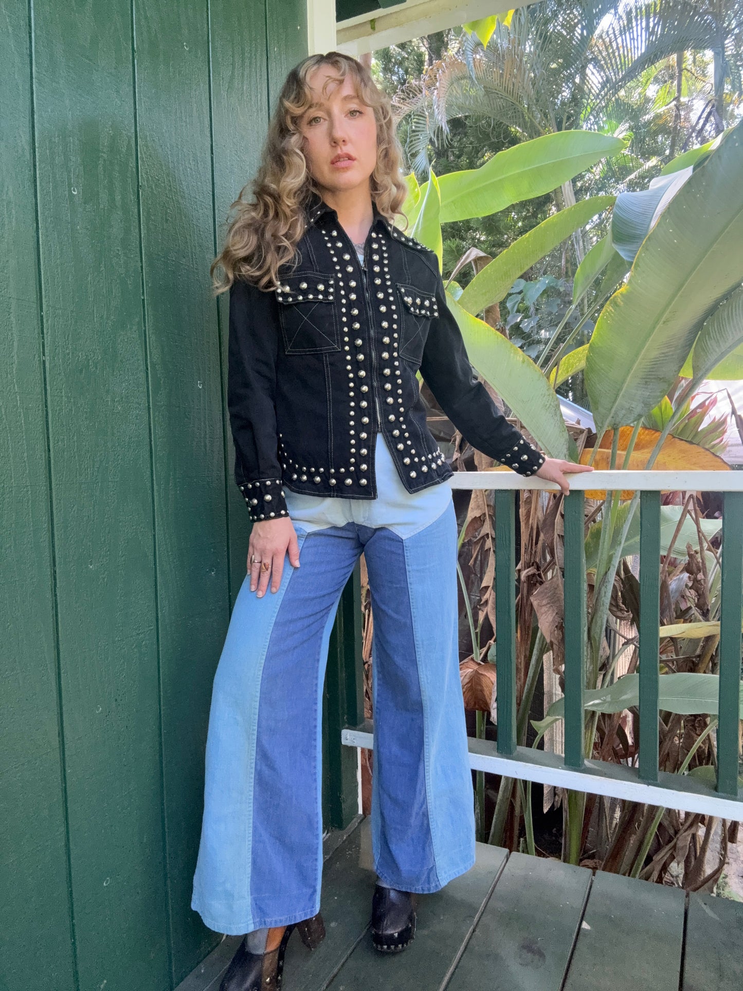 1970s Gina Teresa Black Denim Studded jacket XS/S