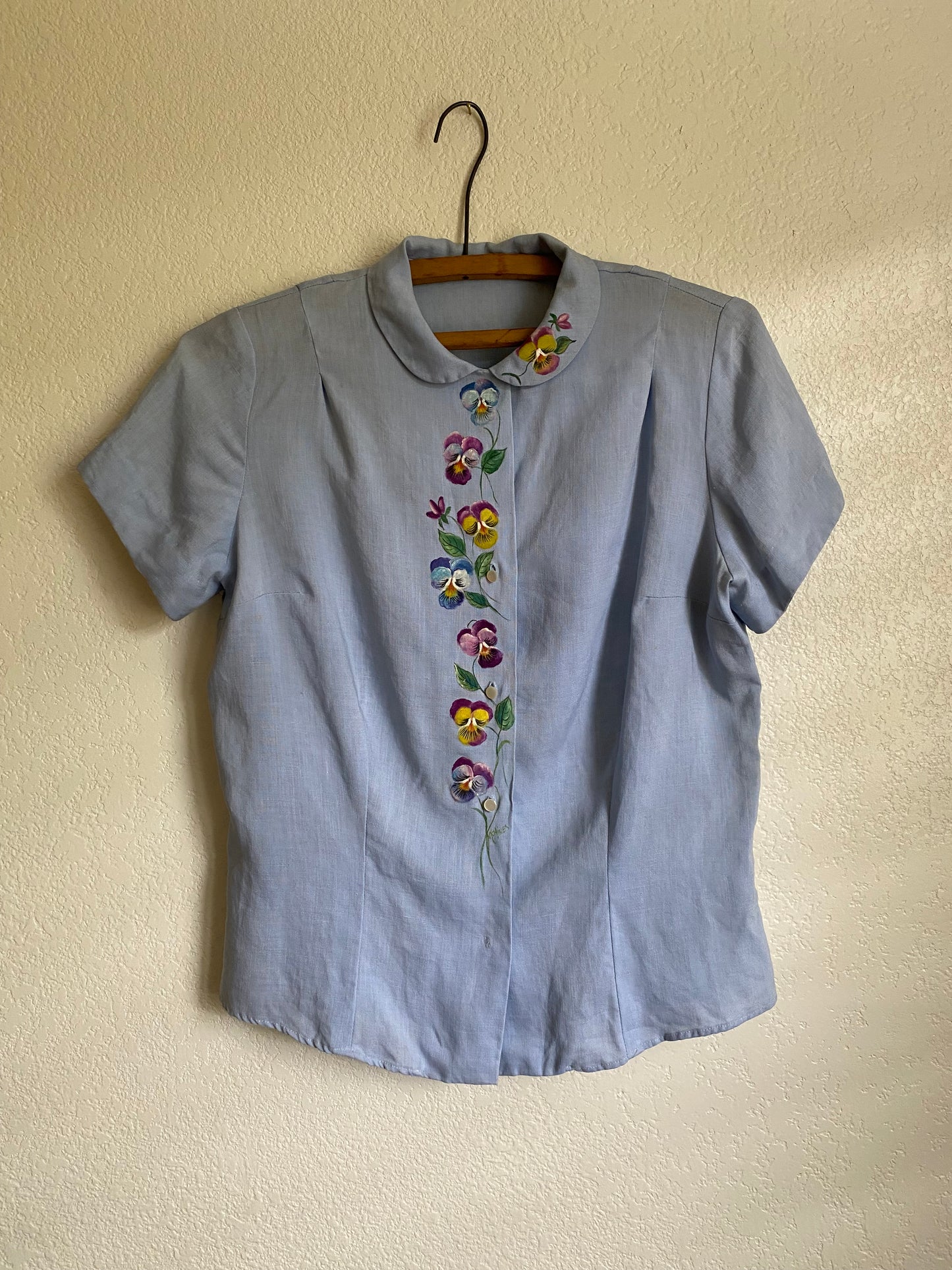 1940s Irish Linen Hand Painted Floral Blouse