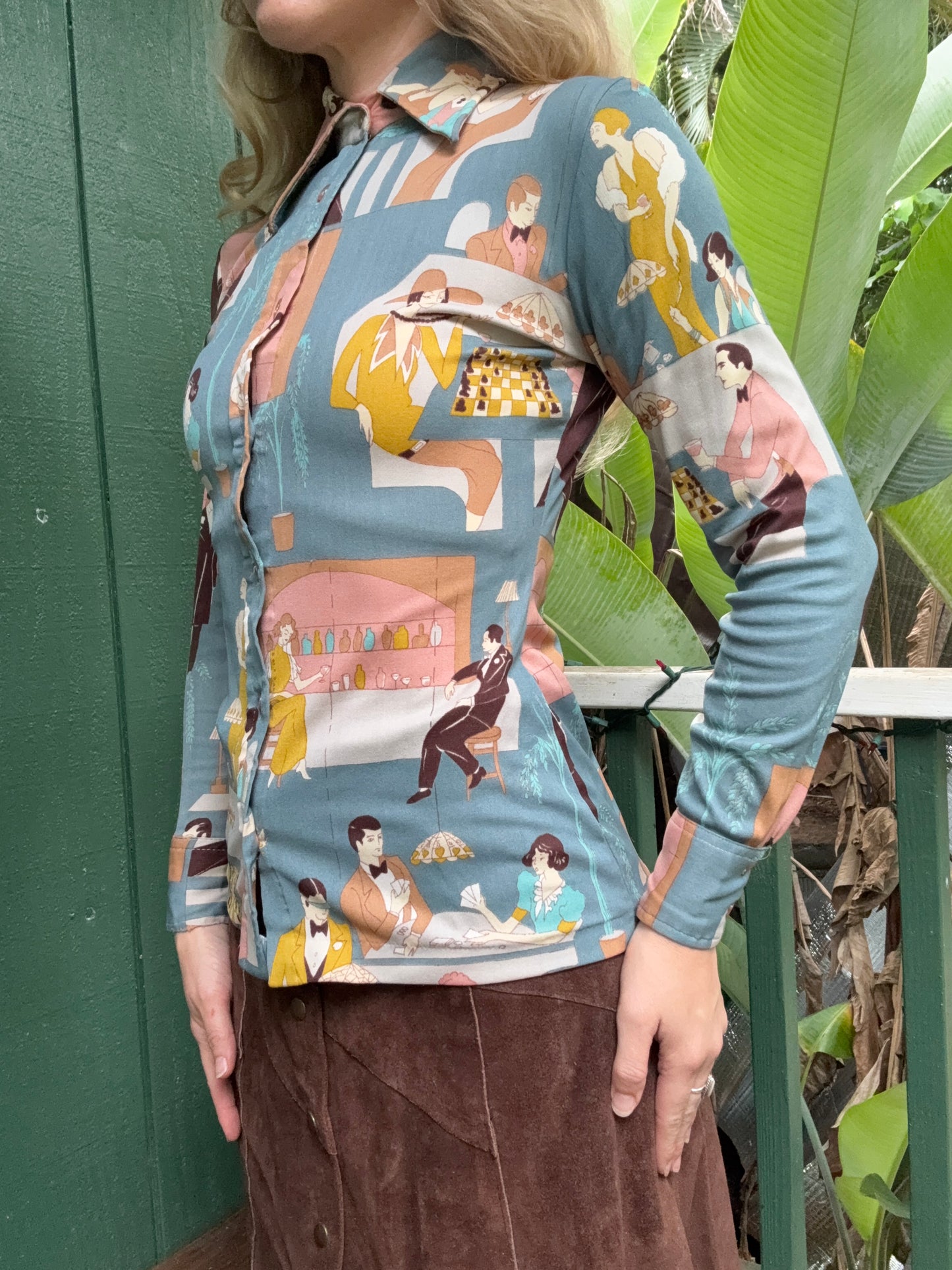 1970s Nylon Bar Scene Novelty Button up blouse Small