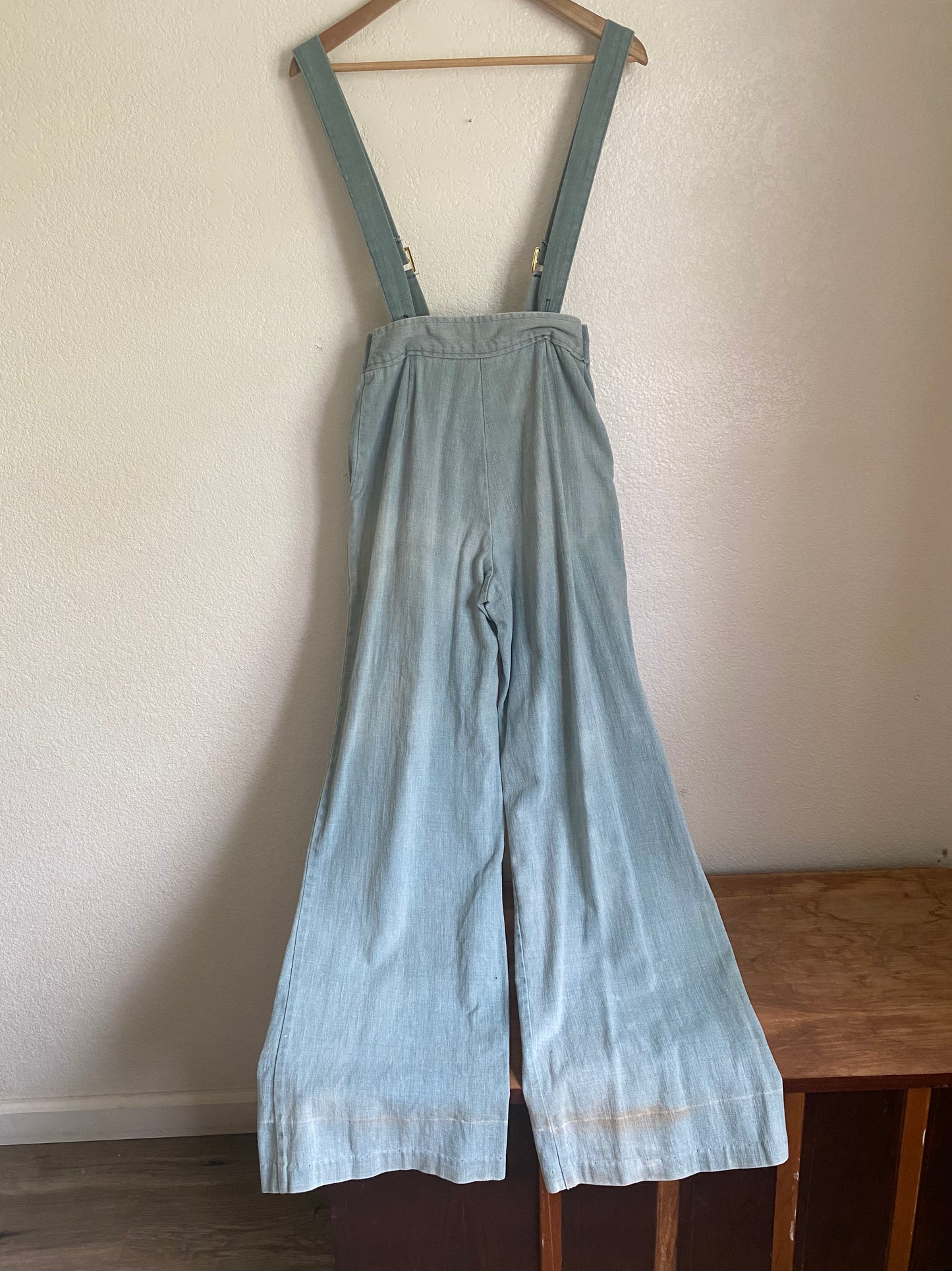 1970s Green Denim Suspender Bellbottom jumpsuit