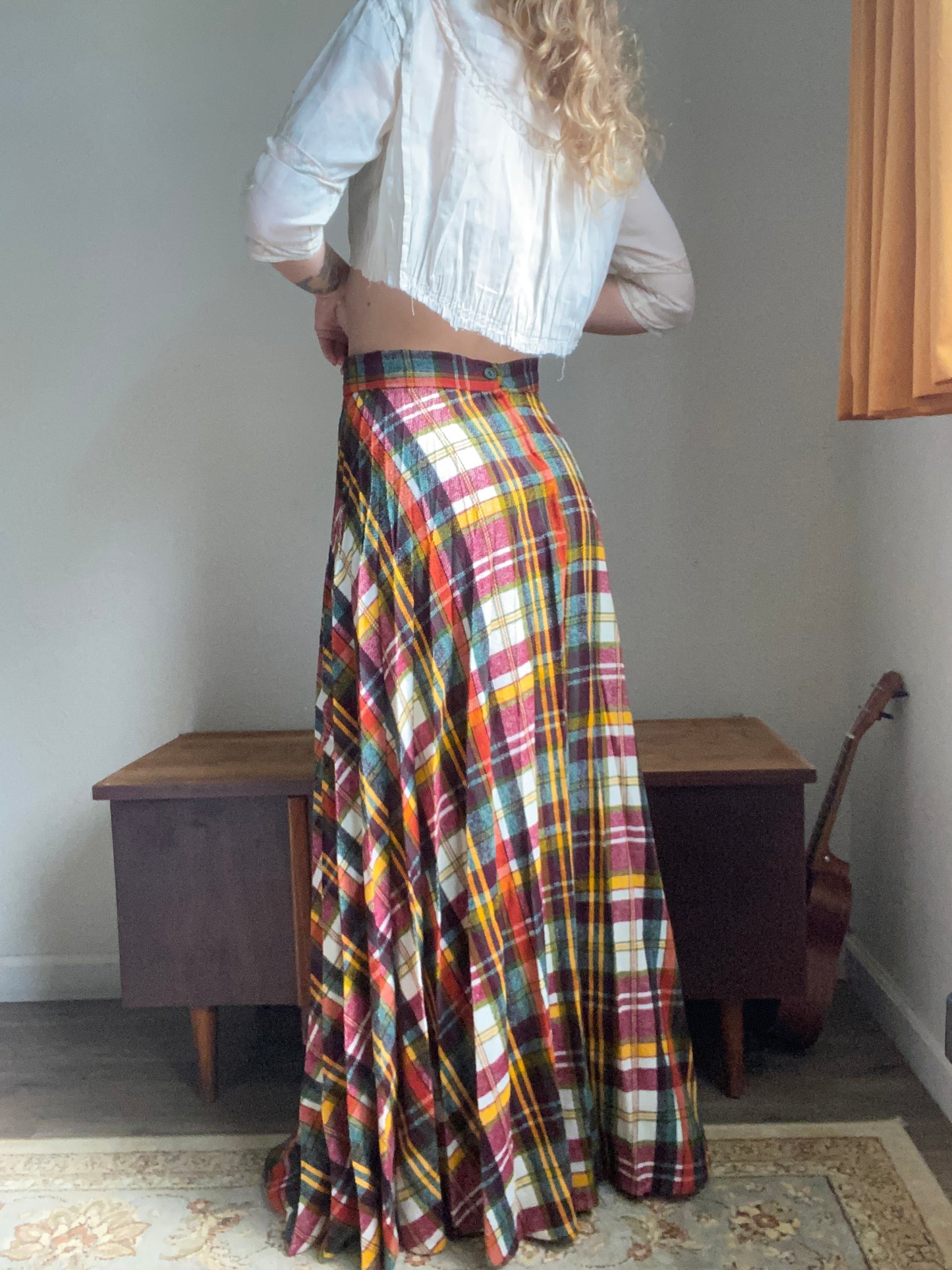 1970s Plaid Pleated Wool Maxi Skirt 27” waist