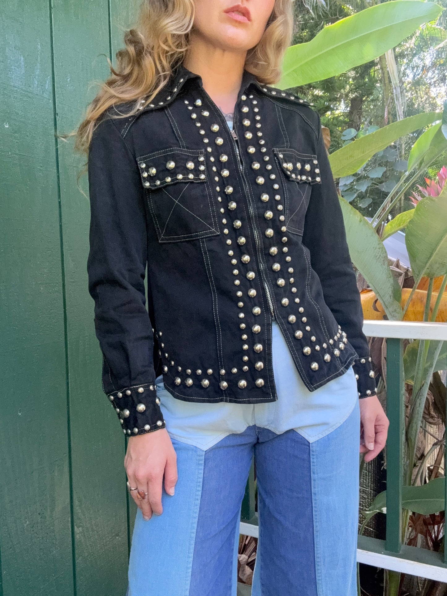 1970s Gina Teresa Black Denim Studded jacket XS/S