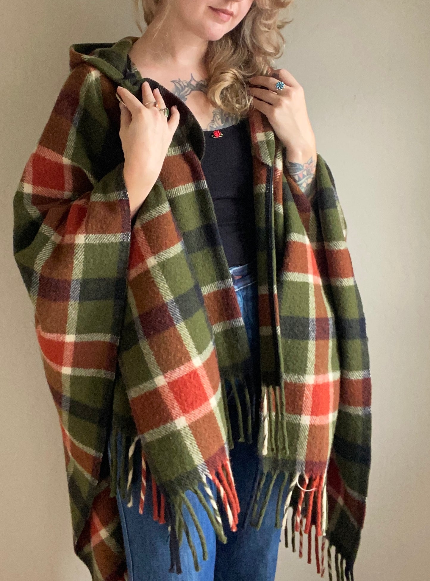 Vintage Wool Plaid Hooded Poncho