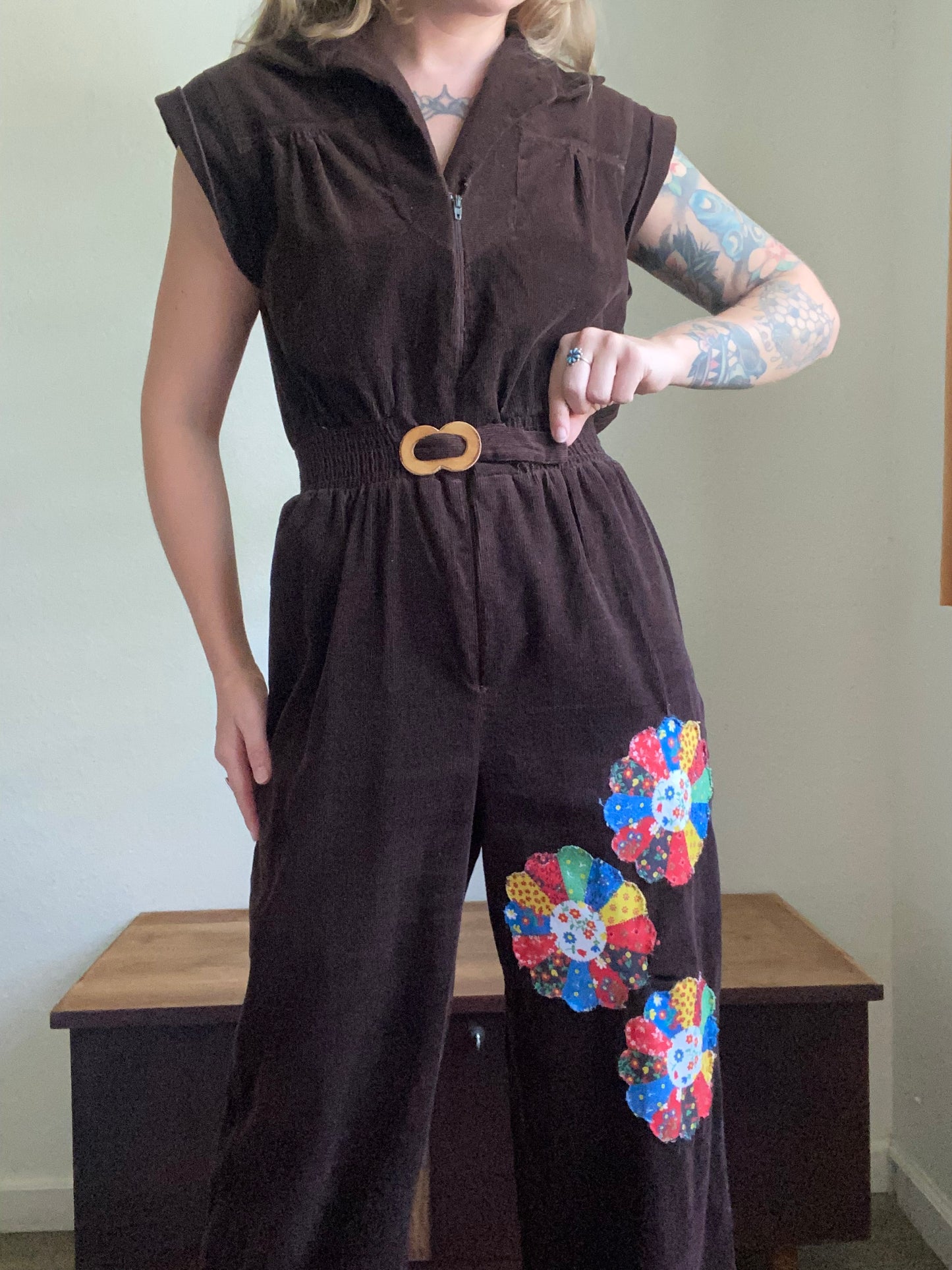 1970s Brown Corduroy Jumpsuit with Dresden quilt patches