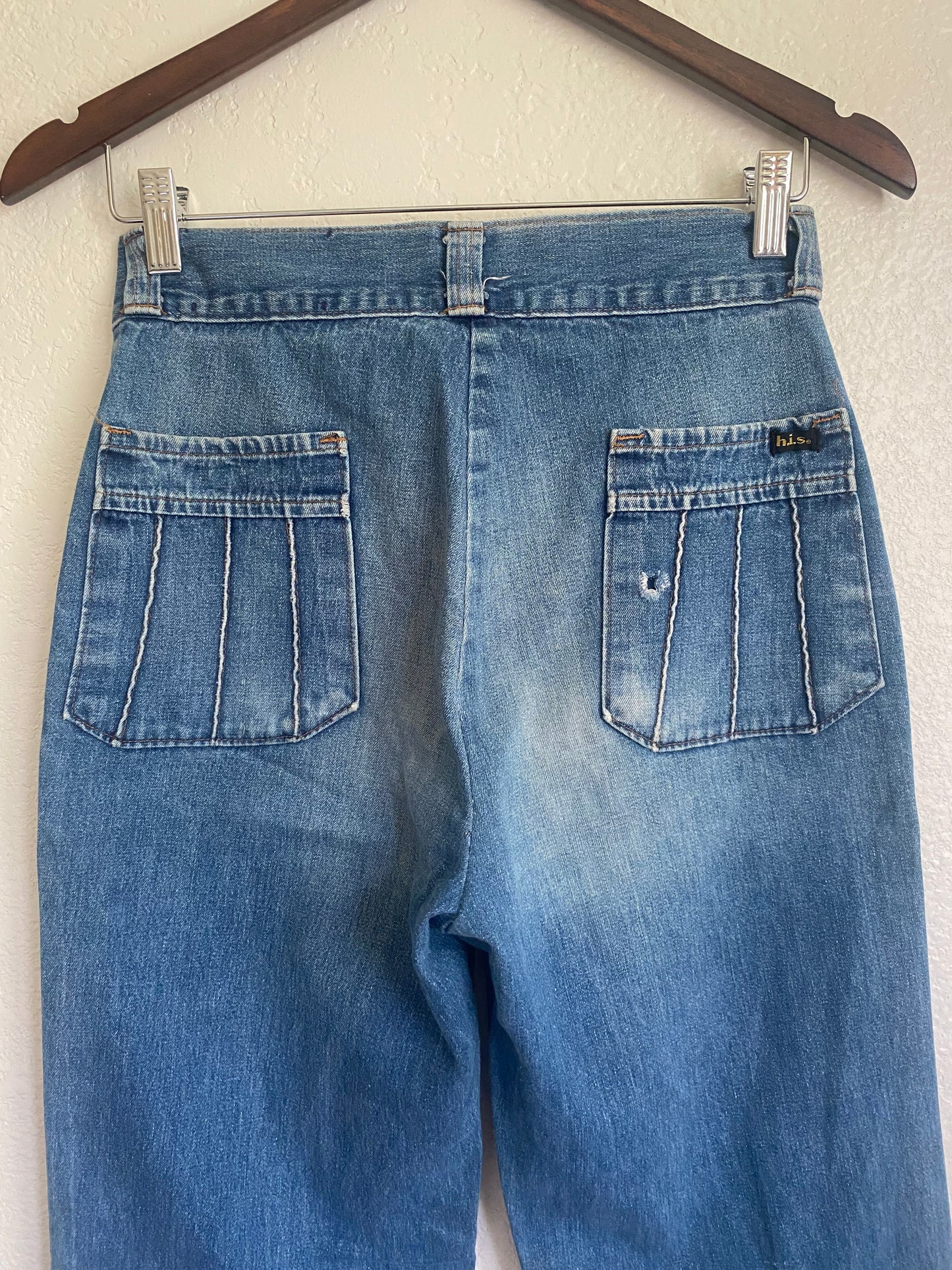 1970s H.i.S patch denim wide leg bell bottom jeans 28” waist