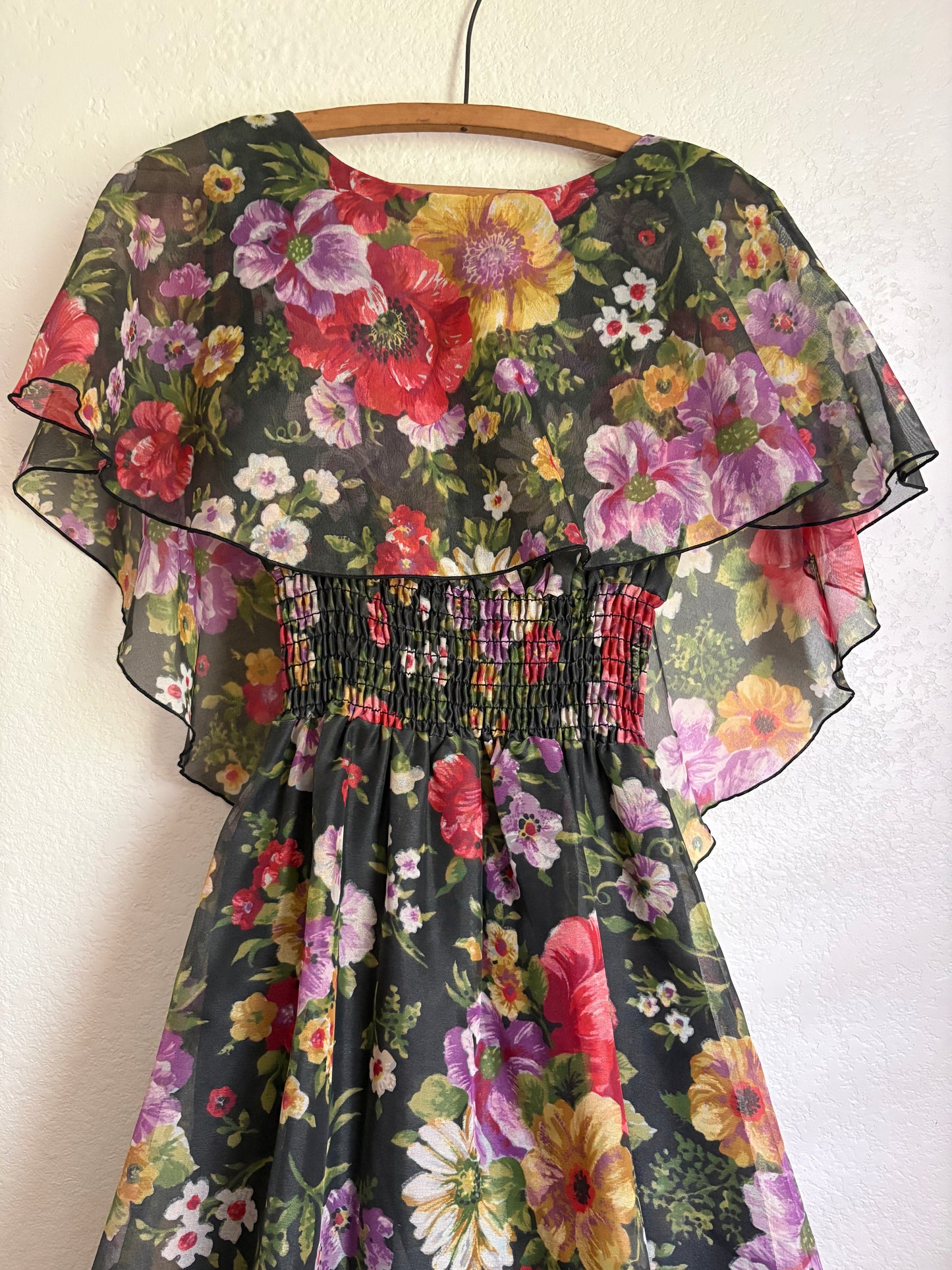 1970s Poppy Floral Print Shawl Maxi Dress Small Long