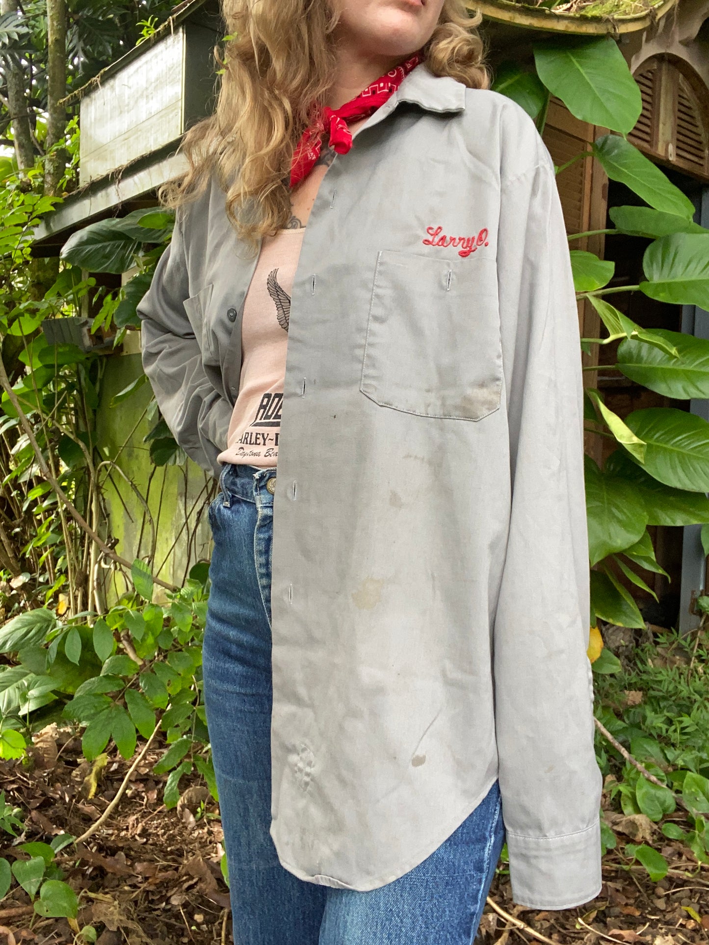 1970s Grey with Red Chain Stitch Sears Button Up