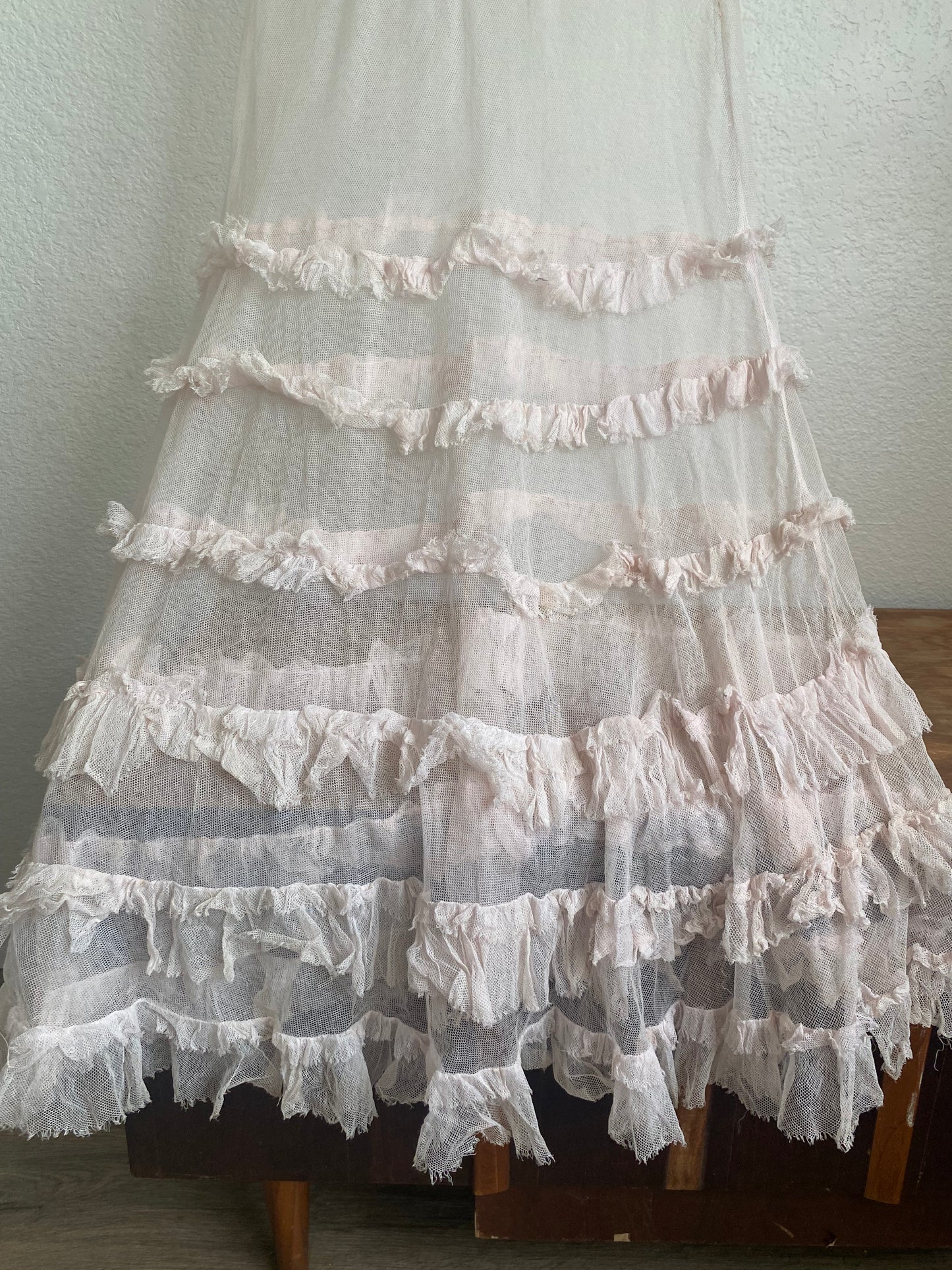 1930s Antique sheer pink net ruffle dress